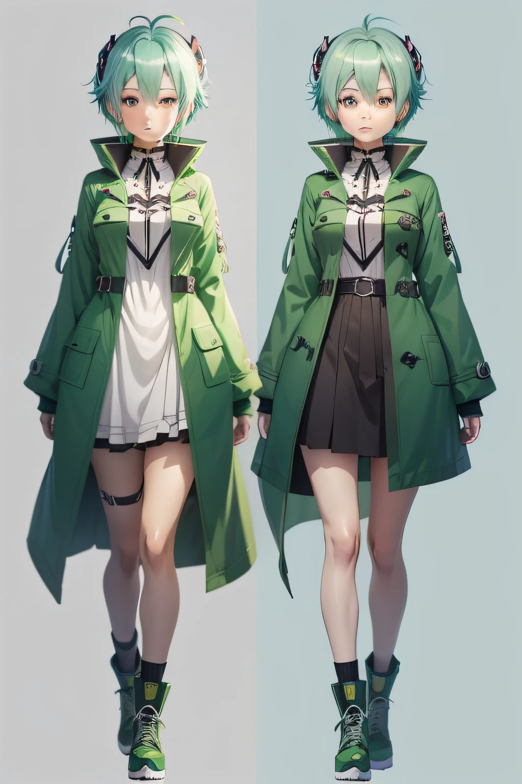 Anime character design for a girl with green hair and a green coat, pretty anime character design, Anime character design, high quality character design, anime concept art, interesting character design, Full body character design, best anime character design, cute character, Hatsune Miku short hair, Cute anime style, Anime girl with teal hair, cute anime waifu in a nice dress