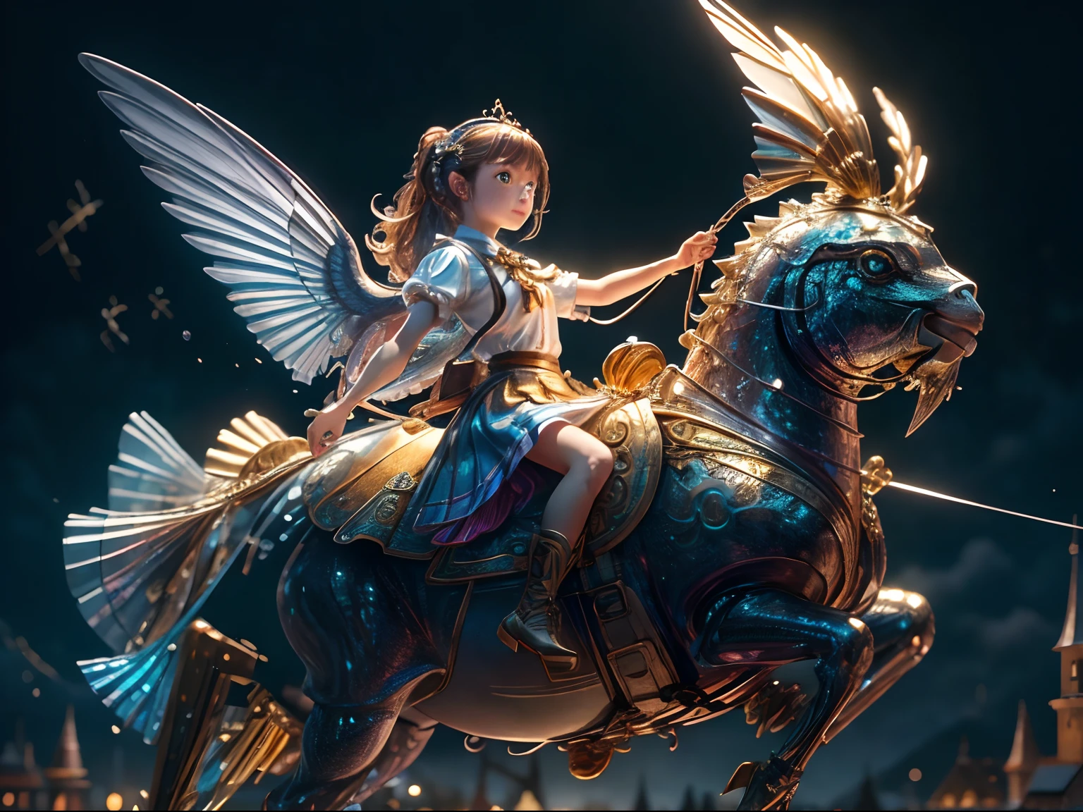(Masterpiece, Top Quality, Best Quality, Ultimate Detail, Highest Detail, Official Art, Beauty & Aesthetics: 1.2), Golden Ratio, Full Composition, official art, Unity 8k wallpaper, super detailed, beautiful, (fractal art: 1.4), the school girl is riding on the silver turtle, flying over the town, full body, crystallineAI, from below, splash,crystal,rainbow