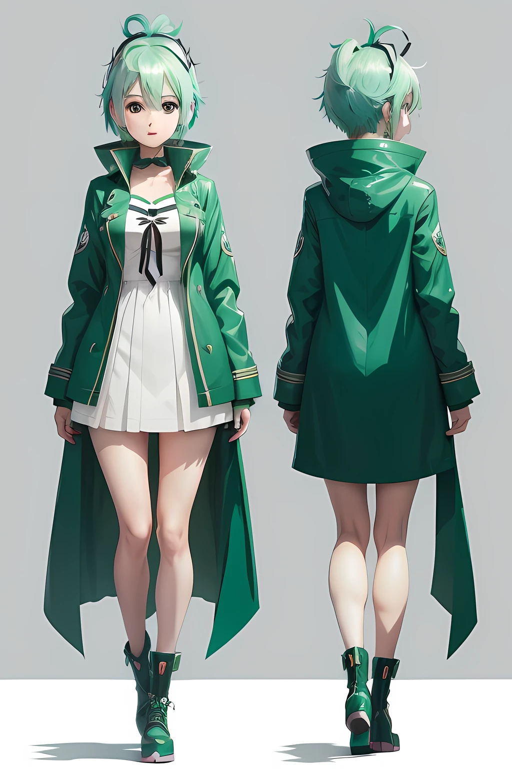 Anime character design for a girl with green hair and a green coat, pretty anime character design, Anime character design, high quality character design, anime concept art, interesting character design, Full body character design, best anime character design, cute character, Hatsune Miku short hair, Cute anime style, Anime girl with teal hair, cute anime waifu in a nice dress