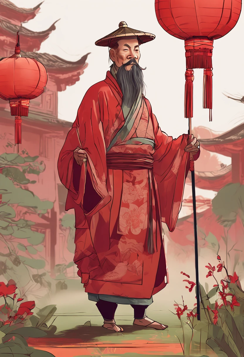 A thin middle-aged man dressed in ancient Chinese style, Wearing a straw hat,, Dressed in a red Mid-Autumn Festival costume, by Pixar, Hide next to the grass,Side Body, Hold the lantern in your right hand and stretch it forward, Feel the light, Detail optimization, Red background raised