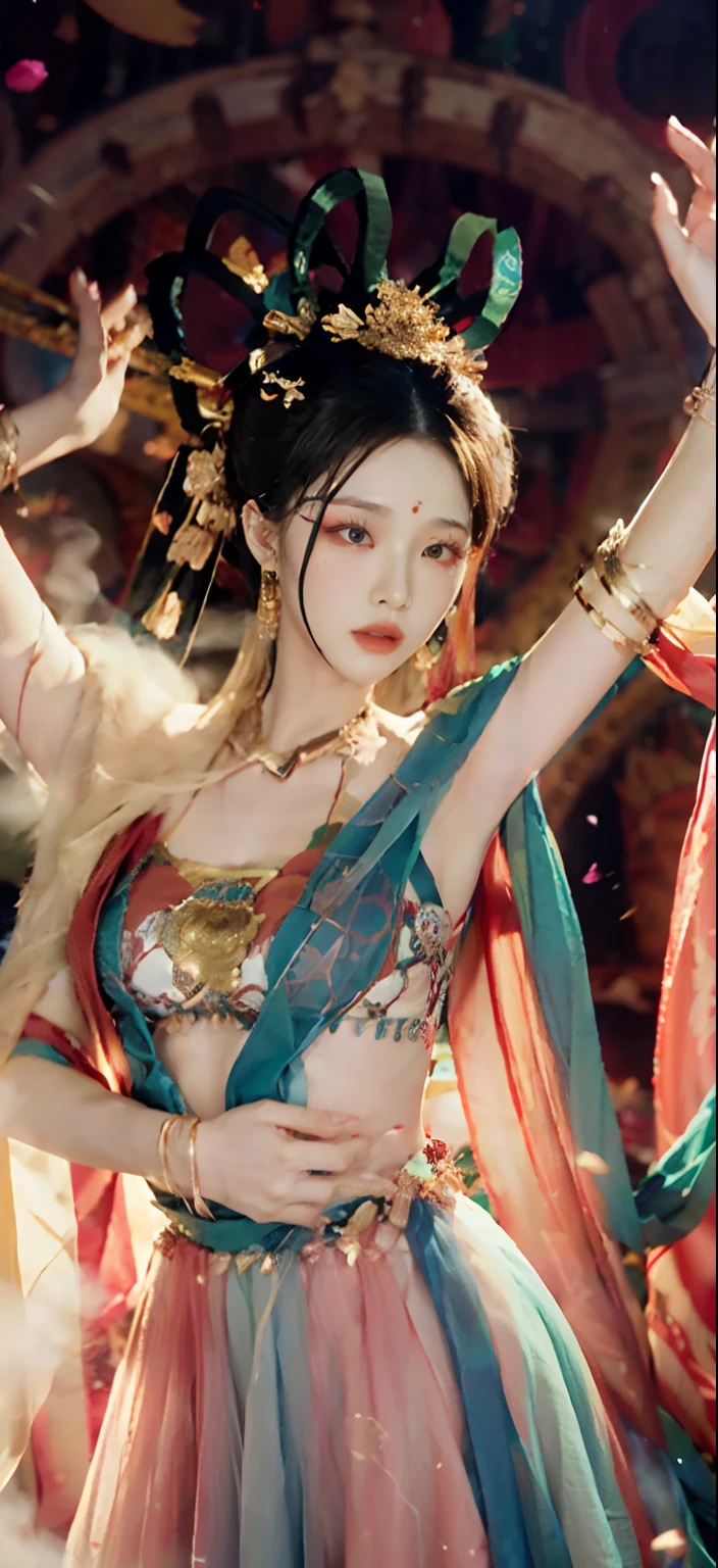 （8K，RAW photos，best qualtiy，tmasterpiece：1.2），（realisticlying，Photorealistic and realistic：1.4），（Very detailed CG unity 8K wallpaper），（1个Giant Breast Girl），Dance，dunhuang_dress，dunhuang_Style，dunhuang_Background，[[[on 1 hand only four fingers + 1 thumb]]], Gold ornaments，Ancient Chinese hairstyle，gossamer，Streamers，light make-up，eye shadows，Eyebrow nevi，（confront），dynamicposes，Background smoke surrounding，Red and green color scheme，Petals flying,the detail，jewelry，耳Nipple Ring，bangle，bshoulders，complex texture，Bust，Guqin，lute