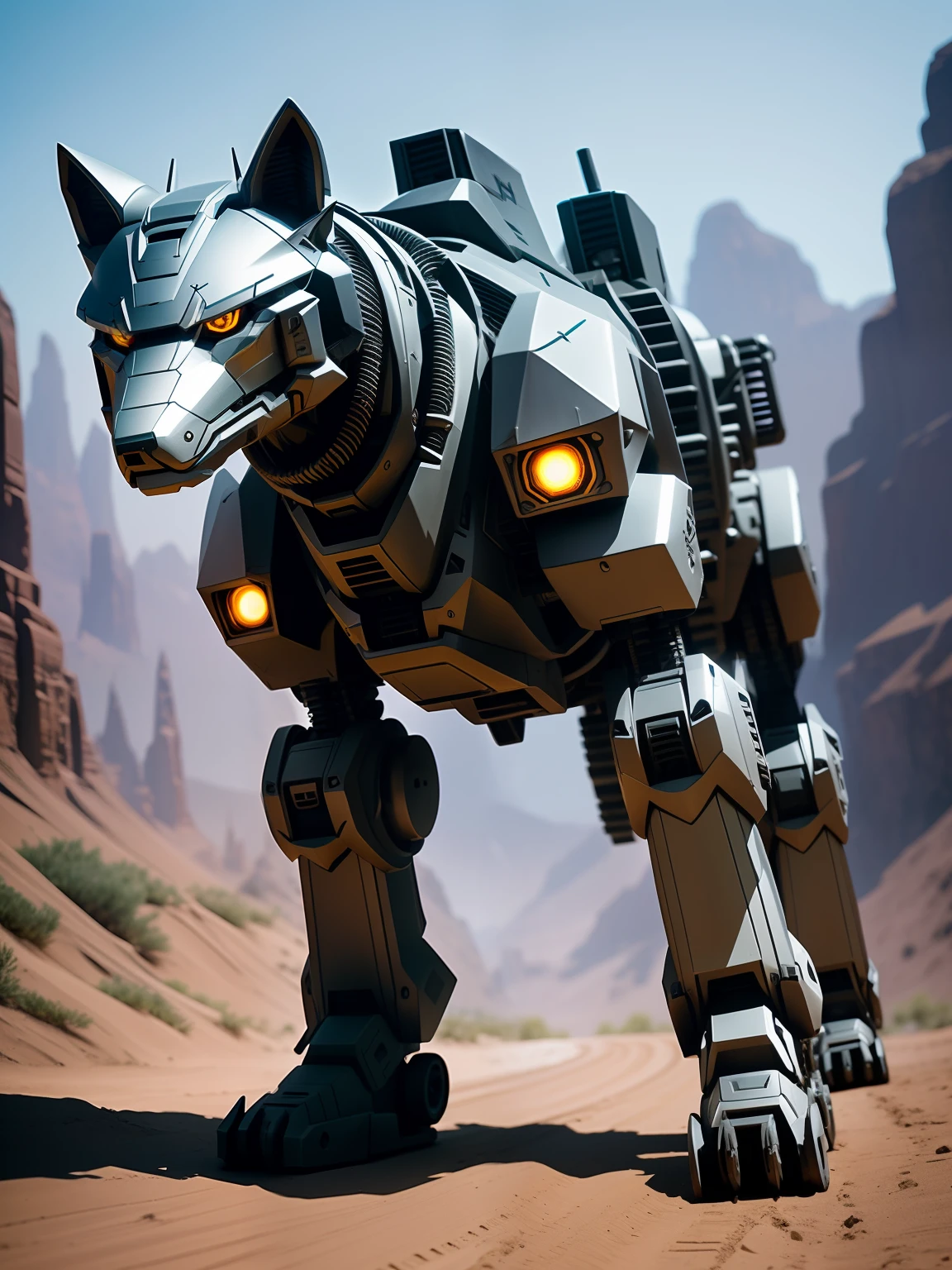 low  angle shot、Metal robot wolf、quadrupedal walking、(cyborgs:1.1)、([tailed | Detailed wire]:1.3)、(intricate-detail)、nffsw、(intricate-detail、hyperdetails:1.2)、Cinematic shots、vignettes、central、Ride through the rugged wilderness、