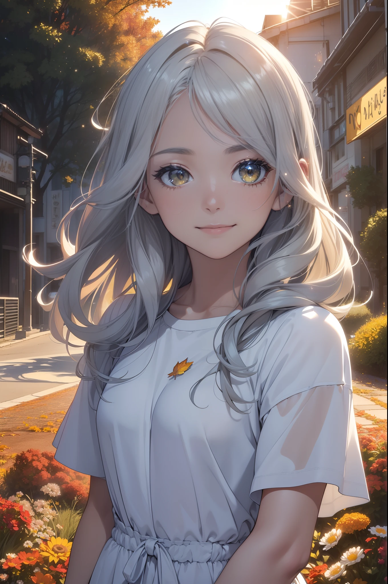 (Masterpiece), (best quality), (best movie poster:1.4),(Silhouette of a girl's head, happy smiling face, (looking to the sky), (cloud girl), sun-set, close-up, contemporary model,(big yellow crystal eyes), (long silver shining waved waved hair), wearing casual casual white attire, (reasonable design, Clear lines, High sharpness,Best quality, Very detailed, Masterpiece, movie light effect, 8K ), autumn air, autumn flowers and leafs, autumn air, (3D), colorful, sparkle and brilliant sun light ray dropping, twinkle, happy,