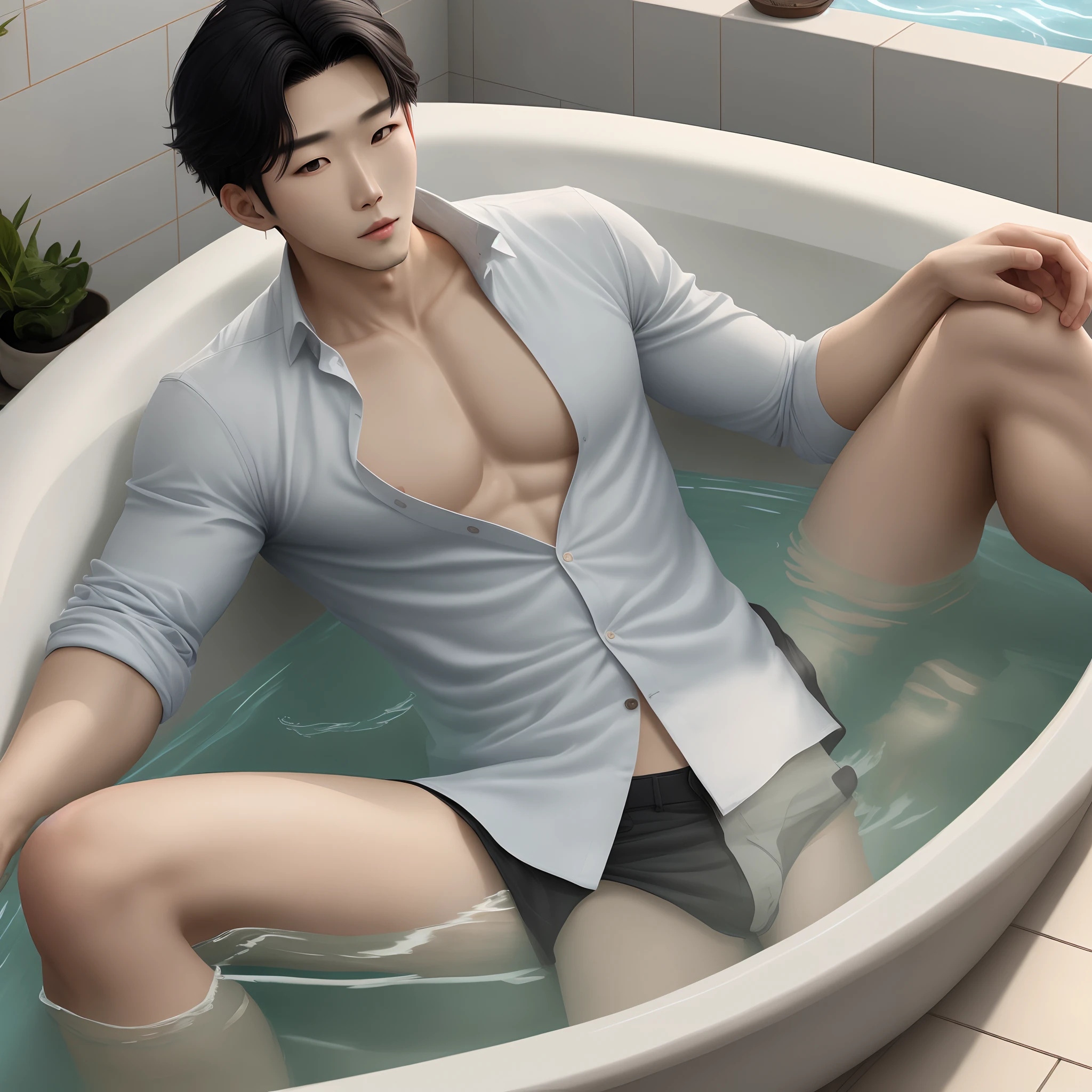 A tall, well-built Korean handsome man with a button-down shirt unbuttoned and no pants or underwear sitting reclining in a bathtub slightly filled with water.