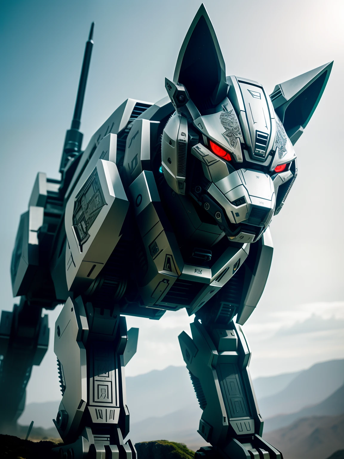 low  angle shot、Metal Robot Wolf、quadrupedal walking、(cyborgs:1.1)、([tailed | Detailed wire]:1.3)、(intricate-detail)、nffsw、(intricate-detail、hyperdetails:1.2)、Cinematic shots、vignettes、central、Drive through rugged wilderness、