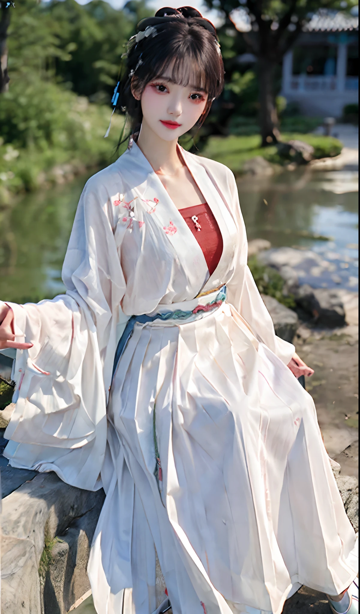 (8k, best quality, masterpiece:1.2), (realistic, photo-realistic:1.2),(sky of background: 1.2),looking at viewer, 1girl,perfect face, perfect eyes,large breasts,perfect skin,make happy expressions,gorgeous,pure,light make up,jade jewelry,hair ornament,hair band,looking at viewer,colorful,(hanfu, song style outfits, 1girl, white short shan, white pleated skirt, red songmo),
