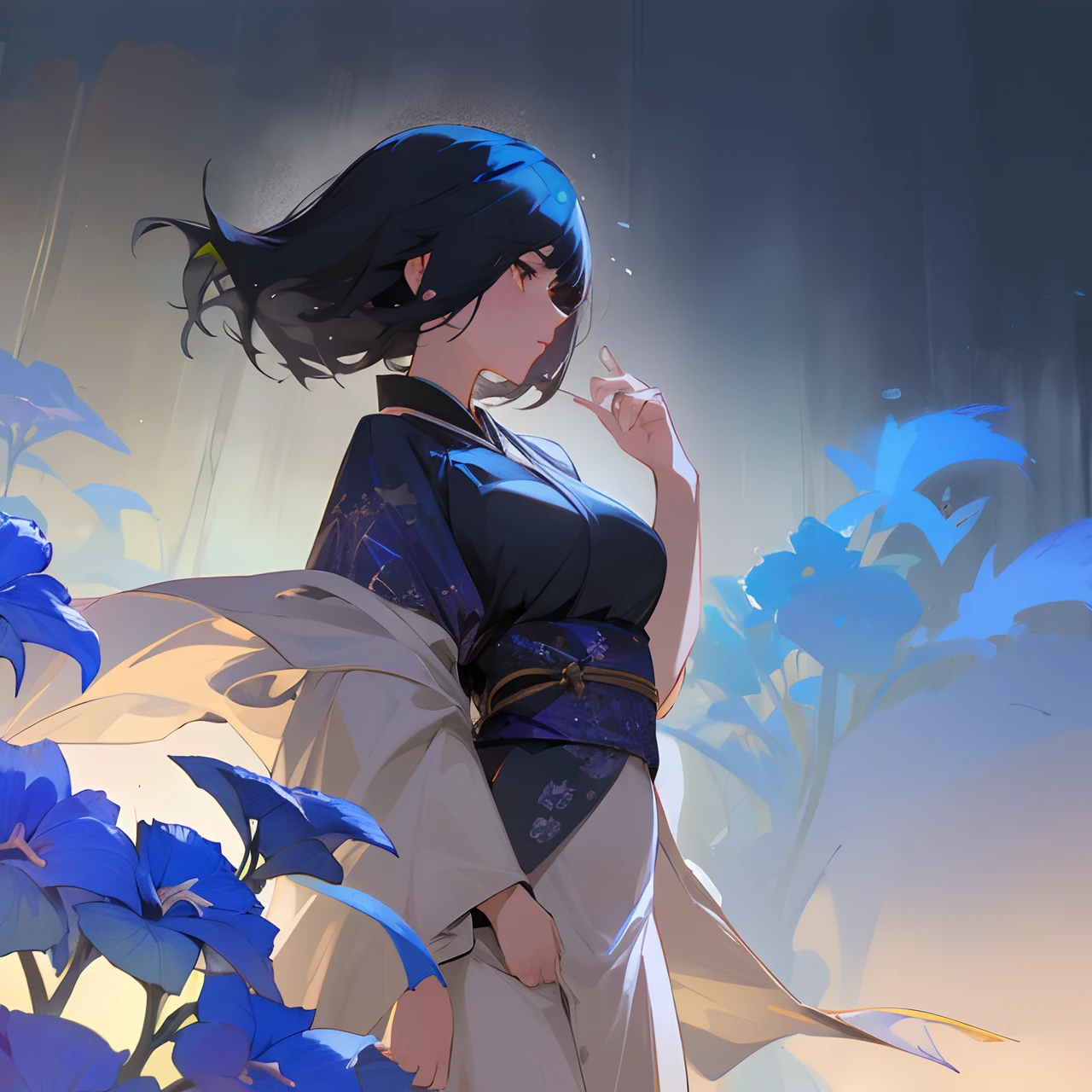 Black-haired beauty who feels arrogant、Delphinium flowers at night、tears、Japanese dress