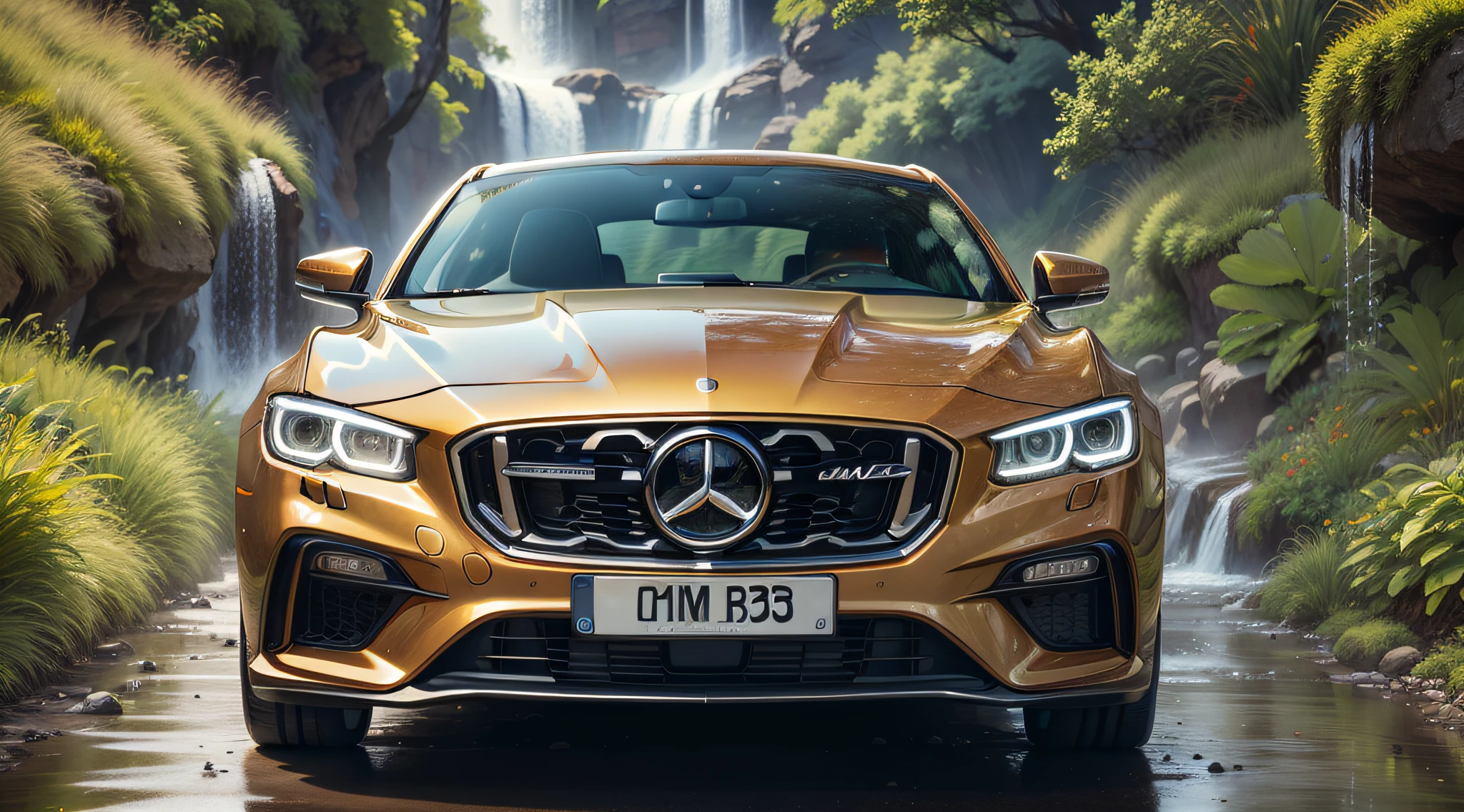 Picture this exquisite 8K image: a serene natural landscape featuring a majestic waterfall as a backdrop. Amidst this beauty stands a gleaming golden car, the epitome of modern luxury. The car, though surrounded by nature's grandeur, takes center stage. Its design captivates the eye, showcasing every curve and detail against the backdrop of cascading water. Impeccable alignment ensures the car is the focal point, while the waterfall adds a touch of tranquility. This masterpiece-level image strikes a perfect balance between opulence and the beauty of the natural world.