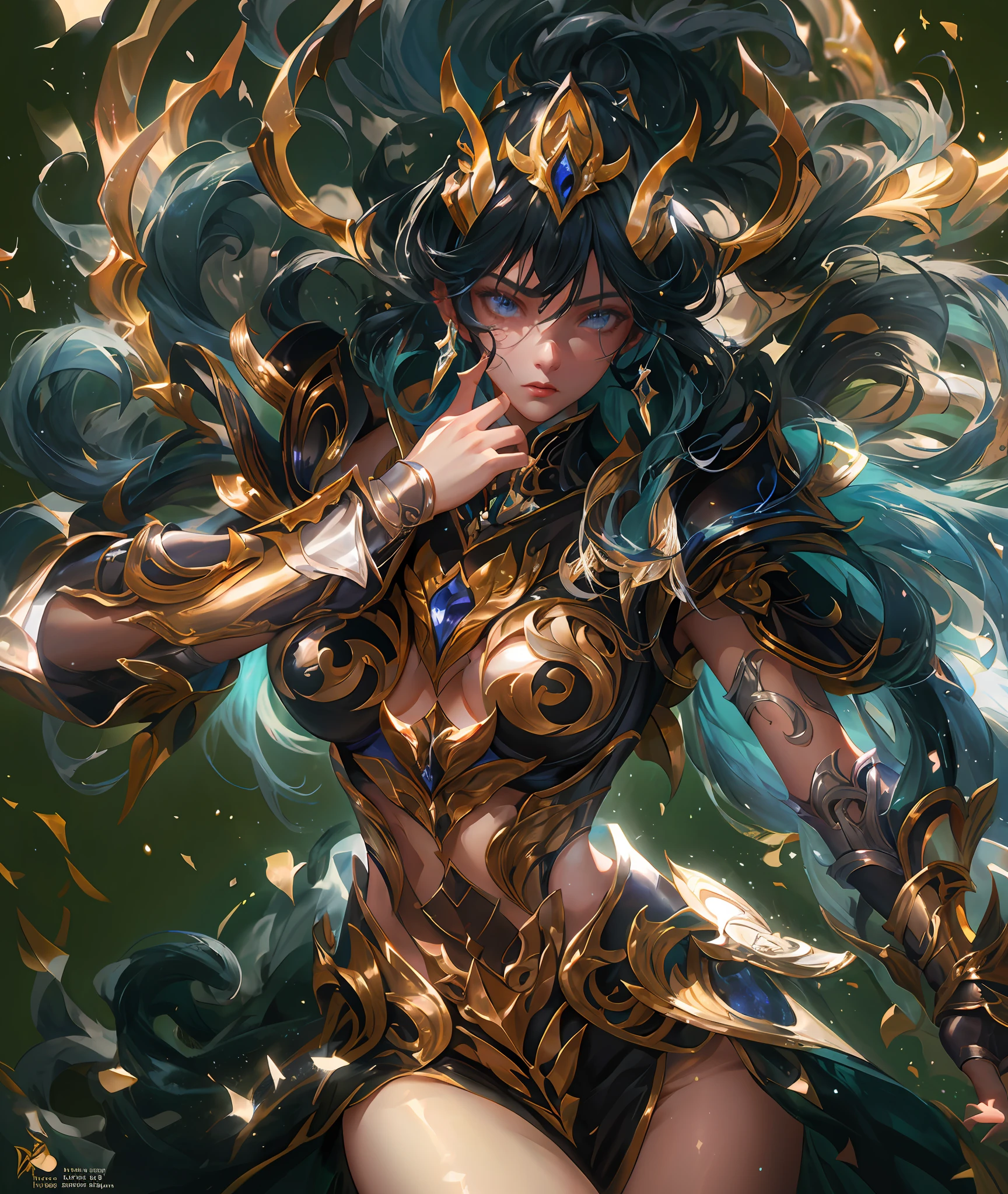 Ultra-high saturation,(tmasterpiece), fully body photo,(best qualtiy), (1girll), starryskybackground,Wearing shiny gold armor, Sexy lingerie type armor,Expose your chest,Expose the waistline,Exposing thighs,cool-pose, Saint Seiya Armor, messy hair,high detal, Anime style, Cinematic lighting, Sparkle, god light, Ray traching, filmgrain, hyper HD, textureskin, super detailing, Anatomical correct, A high resolution,Ultra-high saturation,hight contrast,High-gloss armor,Smooth skin,Serious expressions,Dark room,
