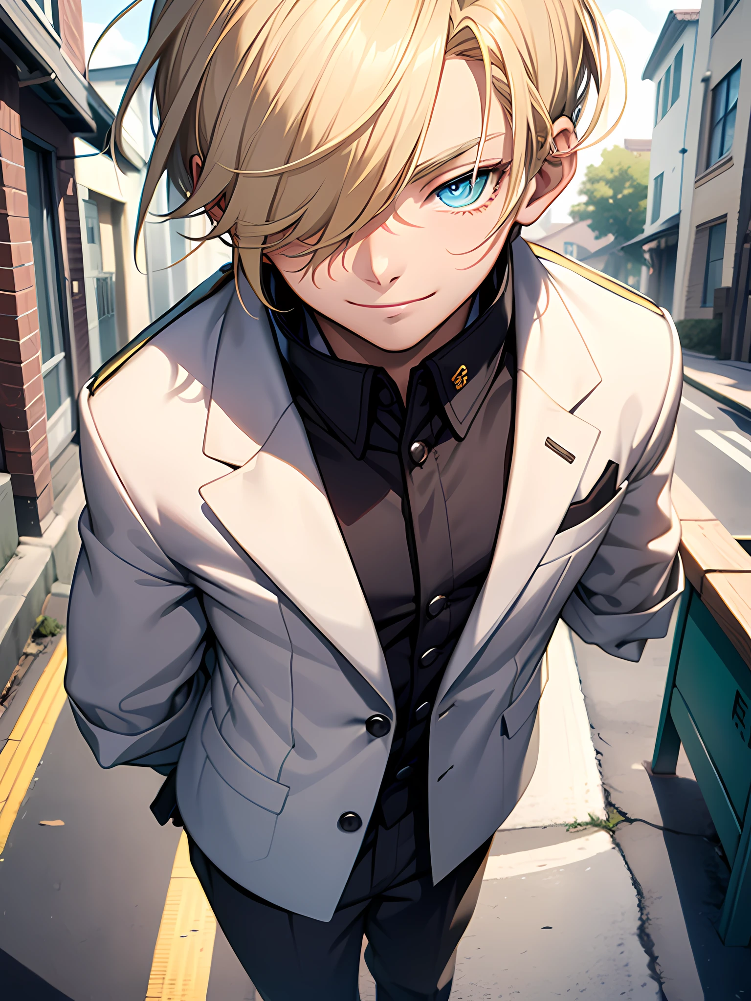 Image of a young man with a sloppy and tired appearance, with shaggy blonde hair and brown eyes that convey a mix of determination and exhaustion. He must be wearing a rumpled white shirt, loosely tied black tie and dark pants, reflecting your casual, carefree style. His sneakers are Converse Chuck Taylor All Stars. He must have a resolute expression, with a slight smile that reveals your indomitable spirit despite adversity. Your hands must be rough and calloused, suggesting hard work. The image should capture the contrast between your simple appearance and your determined interior. The background should be a worn-out urban street, with old buildings and graffiti, reflecting the urban and difficult environment in which he lives. Lighting should be soft and natural, highlighting your figure realistically, but without glamorizing your appearance.