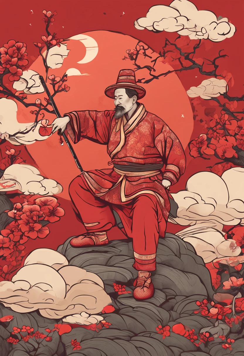 A thin middle-aged man in a Chinese costume, Wearing a straw hat,, Dressed in red Mid-Autumn Festival costumes, by Pixar, Meditate on the ground，Positive body,，Stretch forward, Feel the light, Detail optimization, Red background raised