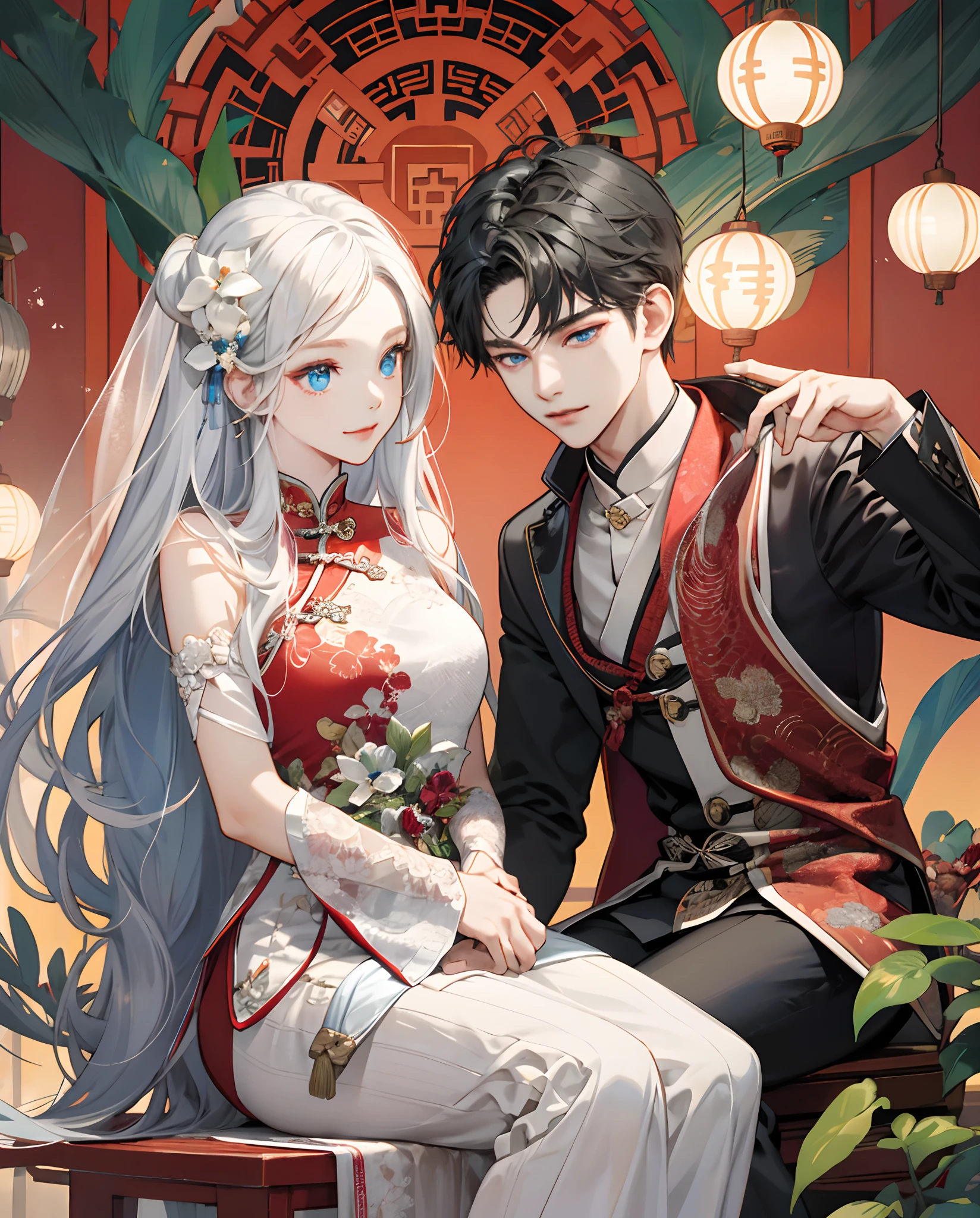 Antique Chinese style wedding white long hair blue eyes two-dimensional comic style