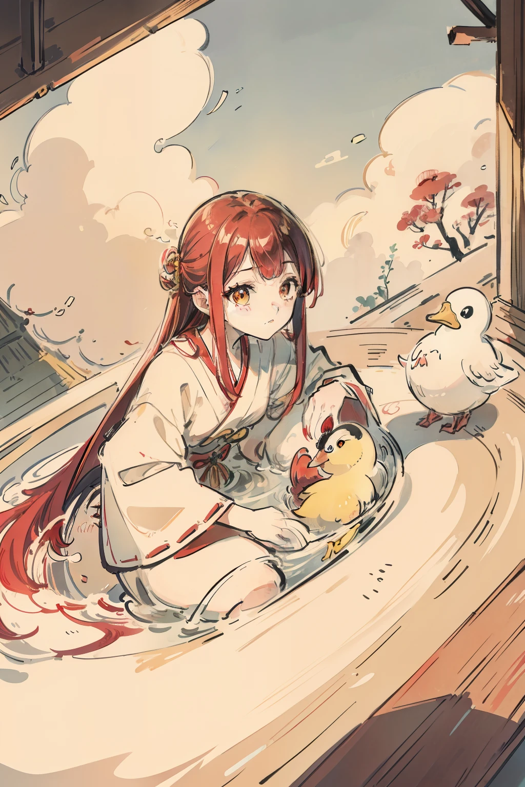 Red Long Hair Japanese Red and White Witch Costume Bathtub Little Yellow Duck Toy Gaze Natural Stay Western Hotel Hair Drops Japanese Sky Tree Night