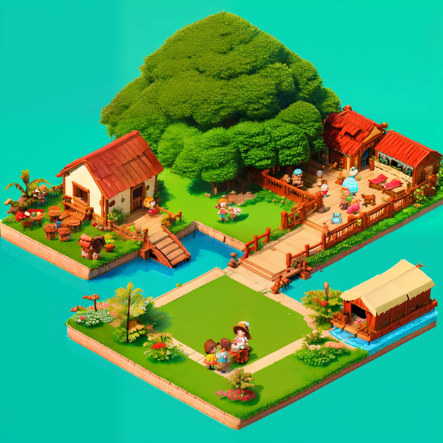 pixel game，（Pixel art：1.4），Q version《Little girl with teddy bear》，Straw Hat Hat，basket，Floral dress，Little red leather shoes，The tree，small bridge flowing water，small boats，Flowers and plants，（cottage in the forest：1.4），Cogumelos，isometry