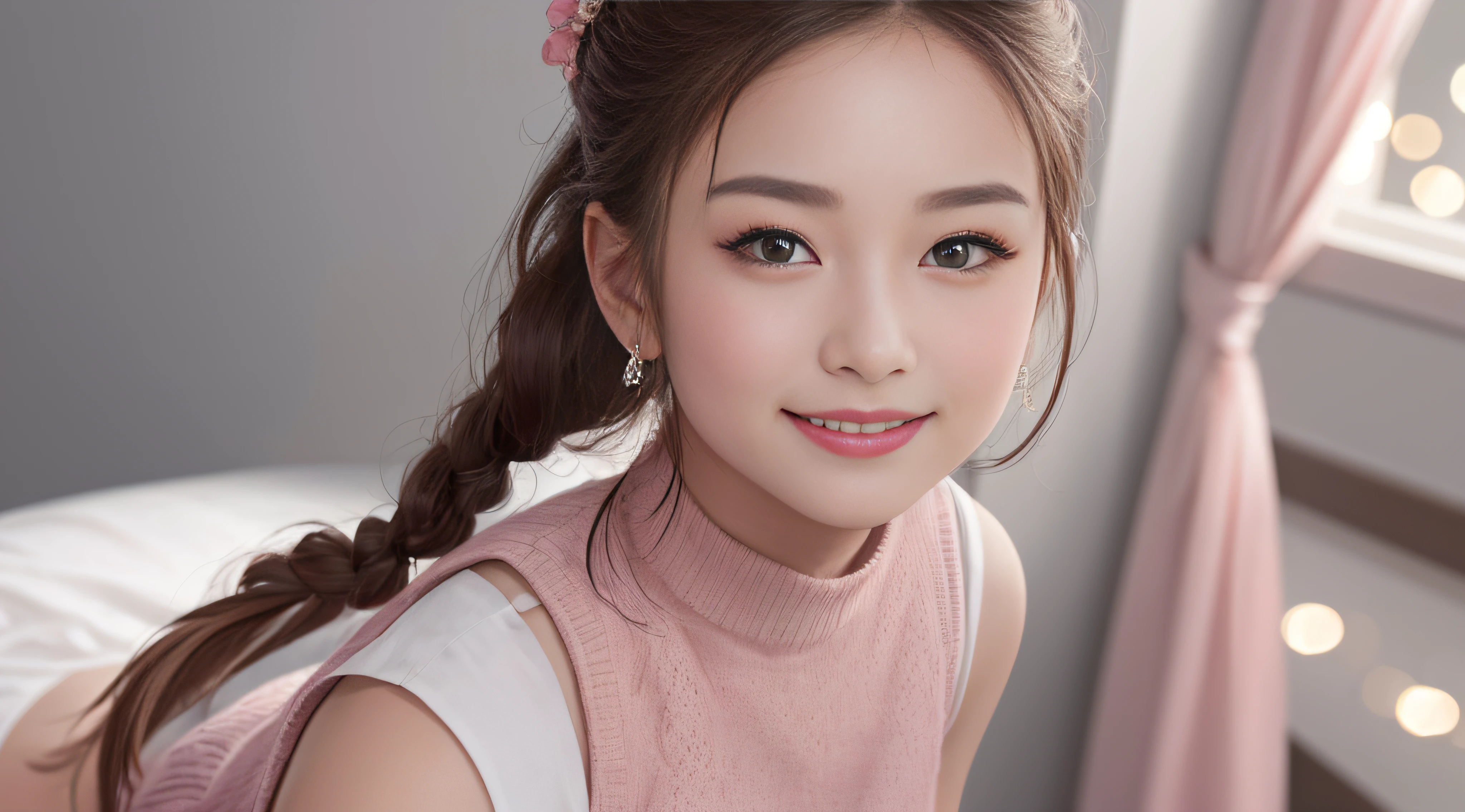 upperbody shot,8K, Best Quality, real picture, Intricate details, Ultra-detailed, 超A high resolution, Depth Field,(Photorealistic,Realistic:1.2),masterpiece, 0.25 :: close-up , straight-on shot , from miiddle ,
1 prefecr face girl braid ponytail, an extremely beautiful 17-year-old girl, perfect glossy skin, flawless skin, Fair skin,Narrow waist, Light blush, Solo, Looking at Viewer, lightsmile, Wearing pink wear, Smile Face,grey background, (Sleeveless), Smile Face,