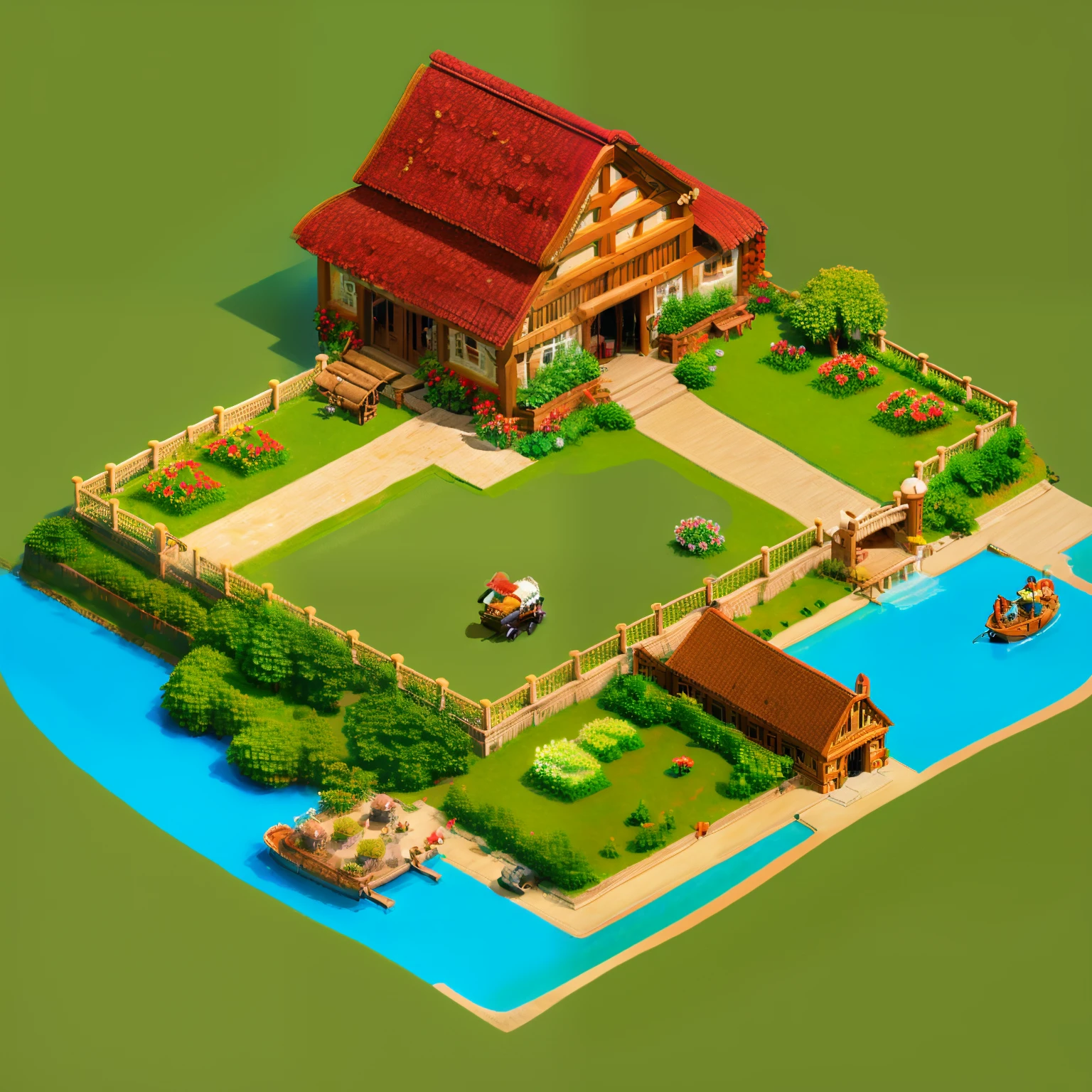 pixel game,(Pixel art:1.4),Q version《Little girl with teddy bear》,Straw Hat Hat,basket,Floral dress,Little red leather shoes,The tree,small bridge flowing water,small boats,Flowers and plants,(cottage in the forest:1.4),Cogumelos,isometry