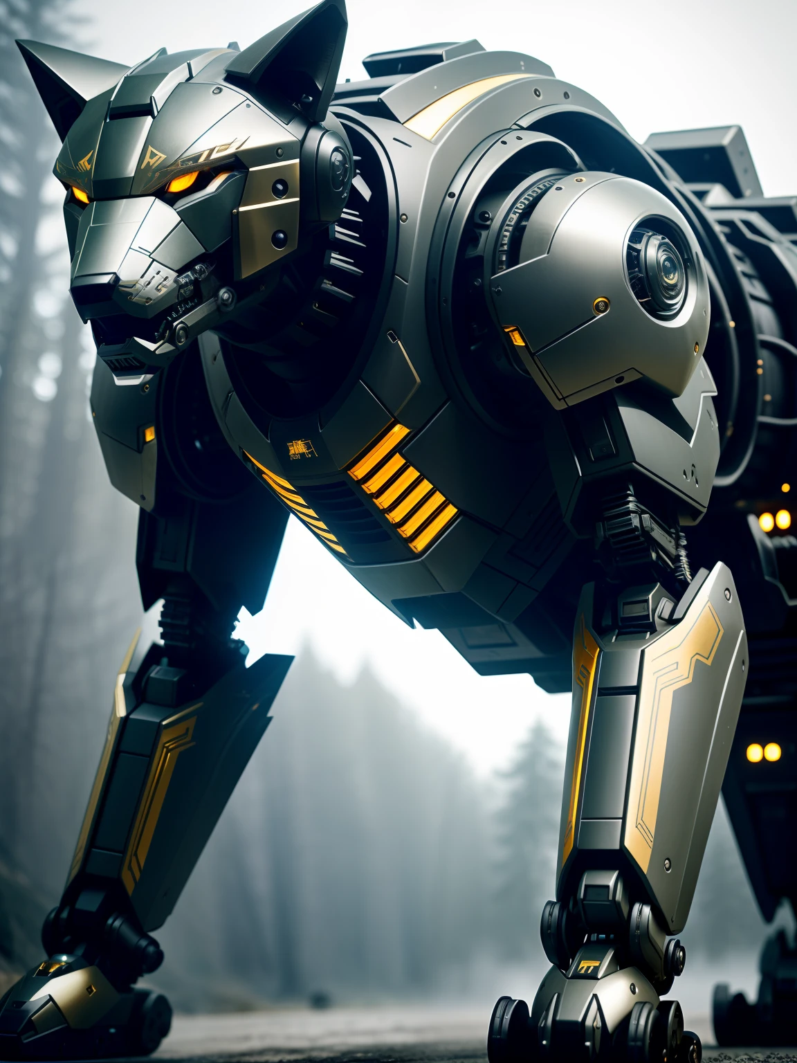 low  angle shot、Metal Robot Wolf、all-fours、Black body with gold lines、Large limbs、quadrupedal walking、(cyborgs:1.1)、([tailed | Detailed wire]:1.3)、(intricate-detail)、nffsw、(intricate-detail、hyperdetails:1.2)、Cinematic shots、vignettes、central、Drive through rugged wilderness、