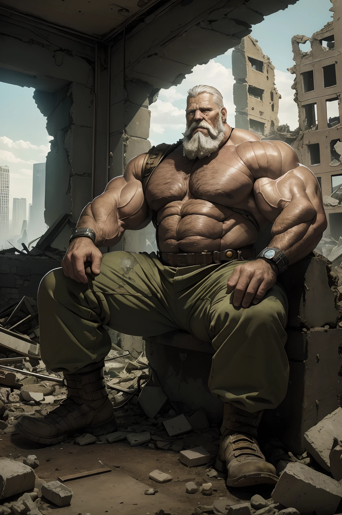 extremely detailed, detailed face, detailed eyes, detailed muscle, (view full body), ((1man)), (object (big muscular old man soldier sitting resting in the ruins of the building)), the old man is soldier and (wearing soldier uniform), old man (facial hair, beaded, white beard, battel scar face, short hair, white hair, strong character, strong muscle), (background ((waster land, post-apocalypse, ruined city))), (photography (50mm lens, cinematic, cinematic color)), look from far