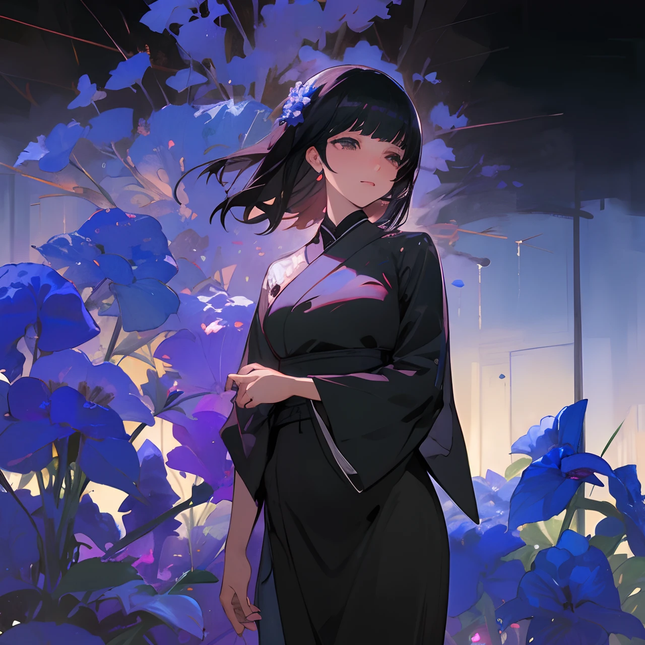 Black-haired beauty who feels arrogant、Delphinium flowers at night、tears、Japanese dress