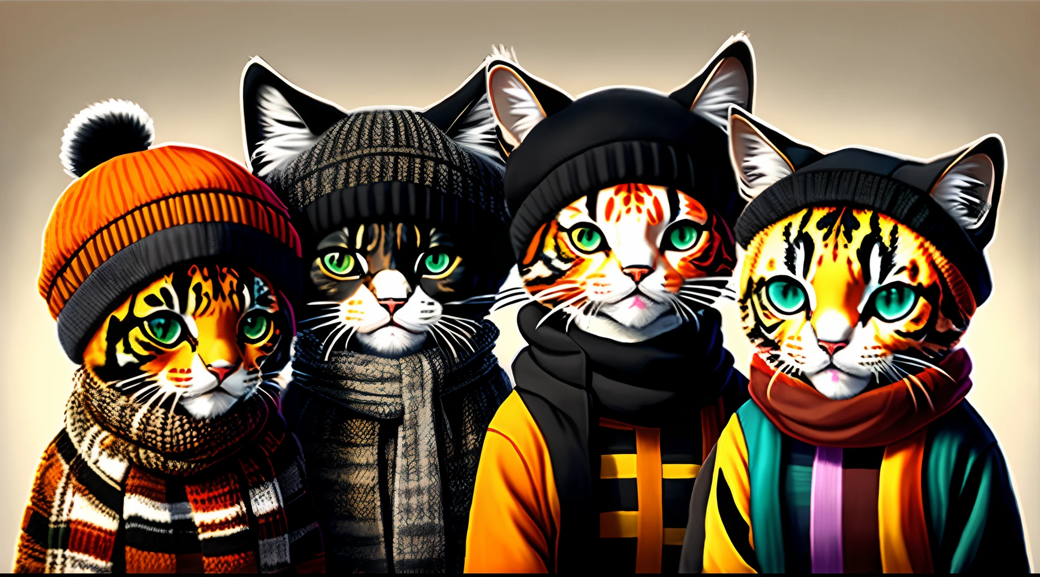 Drawing of three cats wearing hats and scarves, in line，black cat，Tiger cat，Sanhua cat，Art Station Trend, Wearing punk clothes, hyper realistic detailed rendering, British gang member, Urban style, intimidating pose, planet of the cats, Trendy clothes, Urban Samurai , meow, West Slavic traits, 8 1 5