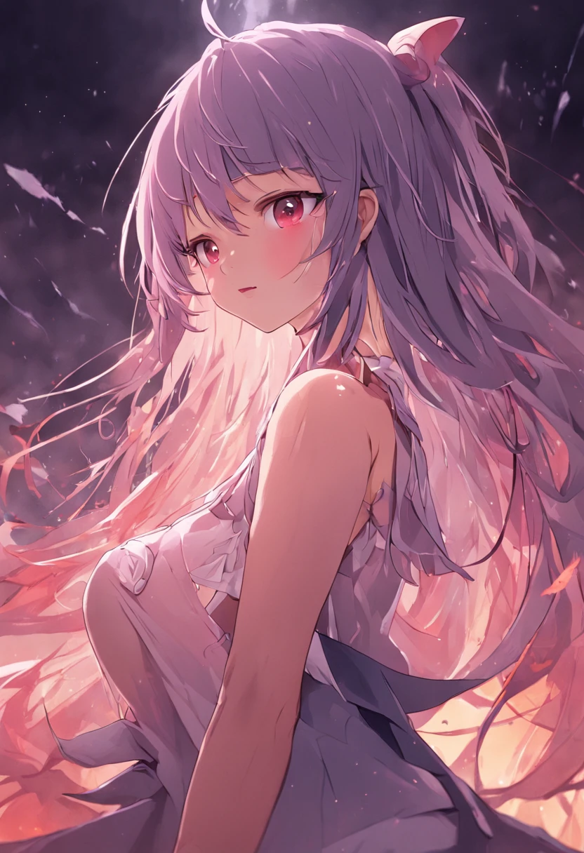 (1990s anime style), 1girl, high resolution, masterpiece,best quality, extremely detailed CG, official art, dynamic angle, low angle shot, (baby face), beautiful blue eyes, large eyes, long hair, (mauve silver hair), (forehead:1.2), antenna hair, large breast, (nudist), (public indecency), (open legs), show off vagina, spread pussy, perfect face, seductive smile, ocean, beach, cowboy shot