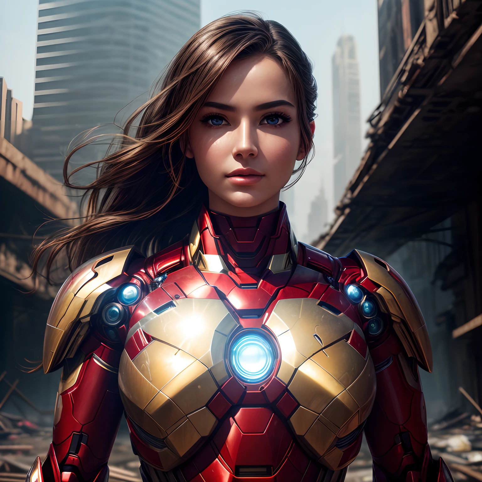 RAW, Masterpiece, Ultra Fine Photo,, Best Quality, Ultra High Resolution, Photorealistic, Sunlight, Full Body Portrait, Stunningly Beautiful,, Dynamic Poses, Delicate Face, Vibrant Eyes, (Side View) , she is wearing a futuristic Iron Man mech, red and gold color scheme, highly detailed abandoned warehouse background, detailed face, detailed and complex busy background, messy, gorgeous, milky white, high detailed skin, realistic skin details, visible pores , sharp focus, volumetric fog, 8k uhd, dslr camera, high quality, film grain, fair skin, photorealism, lomography, sprawling metropolis in futuristic dystopia, view from below, translucent