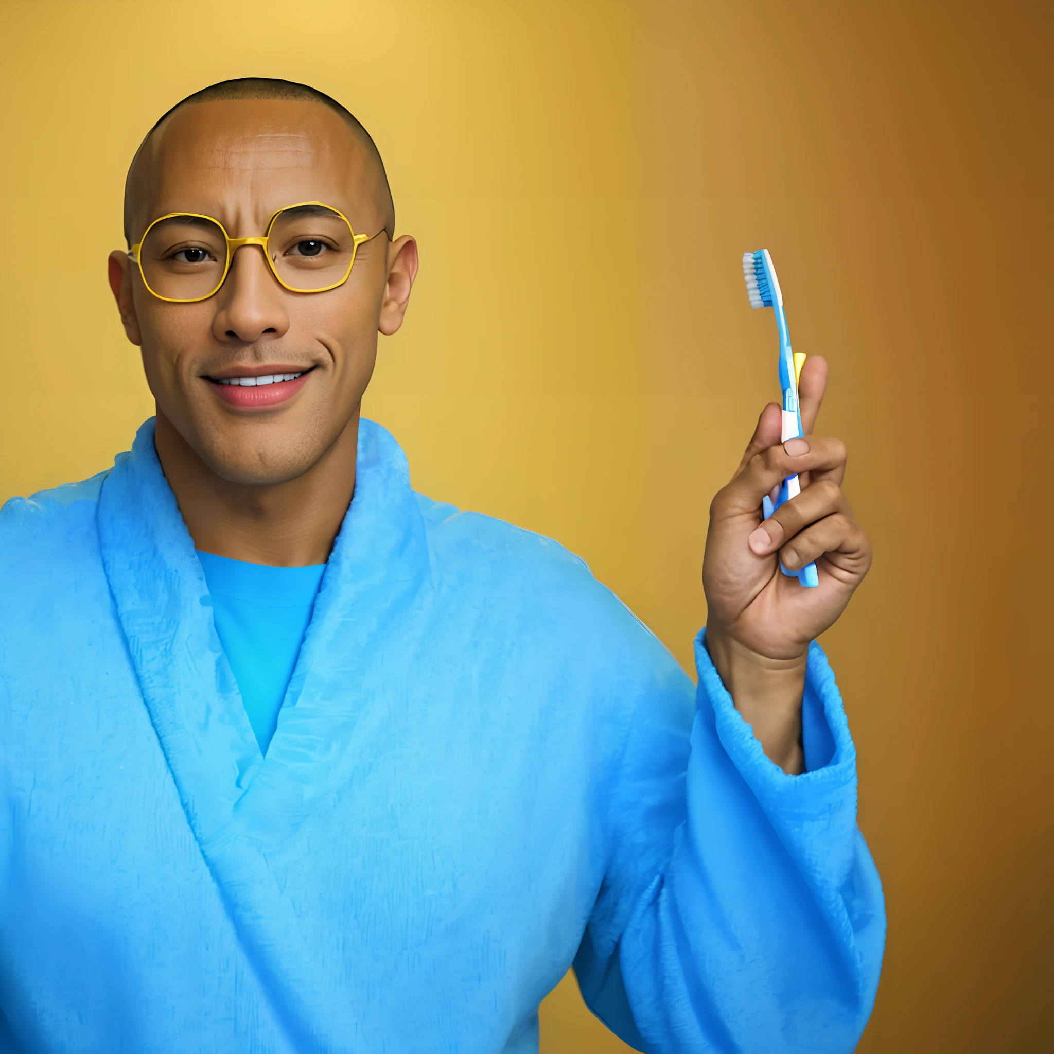 The rock holding a toothbrush and a toothbrush,dwayne Johnson wearing a blue tshirt, holding a yellow toothbrush,bald,miami vibe, inside of a dental clinic,brand image,cinema lighting, color boosted,dental elements in the background, blue & velvet background, digitally enhanced, high quality portrait,brand poster