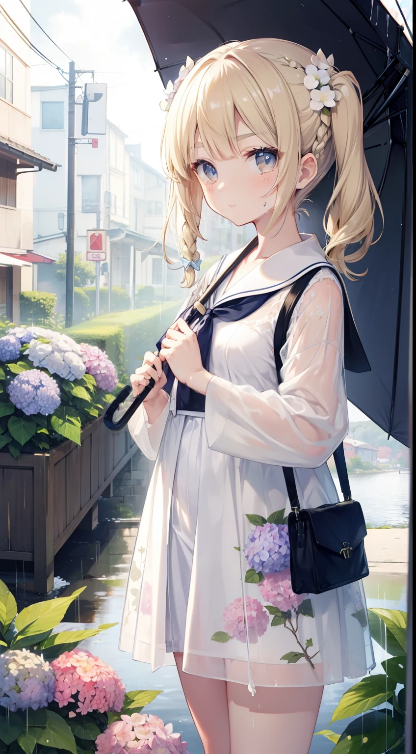 Focus on background, focus on the whole body, long shot focus, heavy rain, holding umbrella, hydrangea print printed umbrella, background is rural bus stop, old bus stop, night, hydrangea print sailor suit, wet sailor suit, rabbit ears, thick eyebrows, eye sungaki, small, pigtails, beautiful blonde, braid, (masterpiece), ((best quality)), (super detailed), full body anime girl, Clean and detailed face, beautiful eyes with high resolution, five fingers, textile shading, perfect human structure, perfect anatomy,