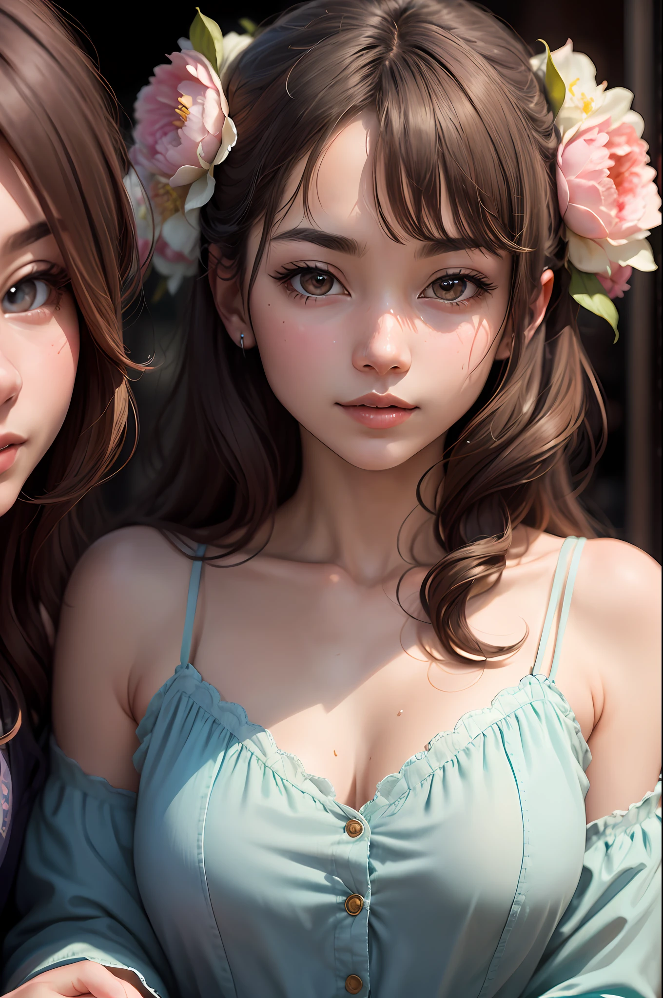 (threesome:1.3), Cute & Girly \(The Idolmaster\), Facial, (8K, RAW photo, Best quality, Masterpiece:1.2), Ultra detailed, 超高分辨率, (Realistic, photograph realistic:1.2), highdetailRAWcolorphoto, profesional photo, Depth of field, An extremely delicate and beautiful, Extremely detailed, 8K wallpaper,  Moist skin,  photographed, Inspired by a medium-wide angle shot of the tangible Guatemalan trio, Anime screencap, Nikon D3300, f/8,  [art by Mandy Disher, (The art of Eve Arnold:0.9):7]
