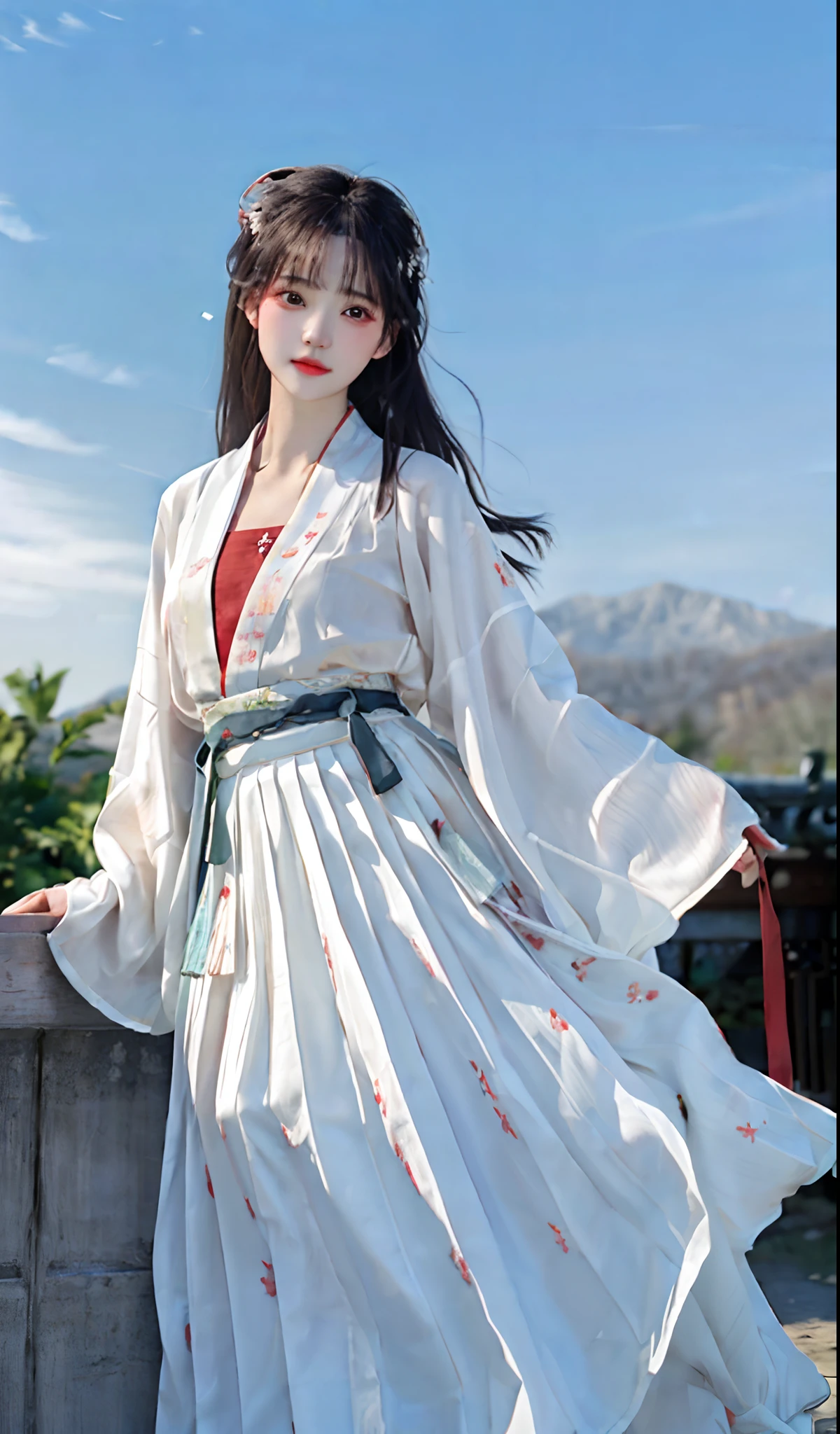 (8k, best quality, masterpiece:1.2), (realistic, photo-realistic:1.2),(sky of background: 1.2),looking at viewer, 1girl,perfect face, perfect eyes,large breasts,perfect skin,make happy expressions,gorgeous,pure,light make up,jade jewelry,hair ornament,hair band,looking at viewer,colorful,(hanfu, song style outfits, 1girl, white short shan, white pleated skirt, red songmo),