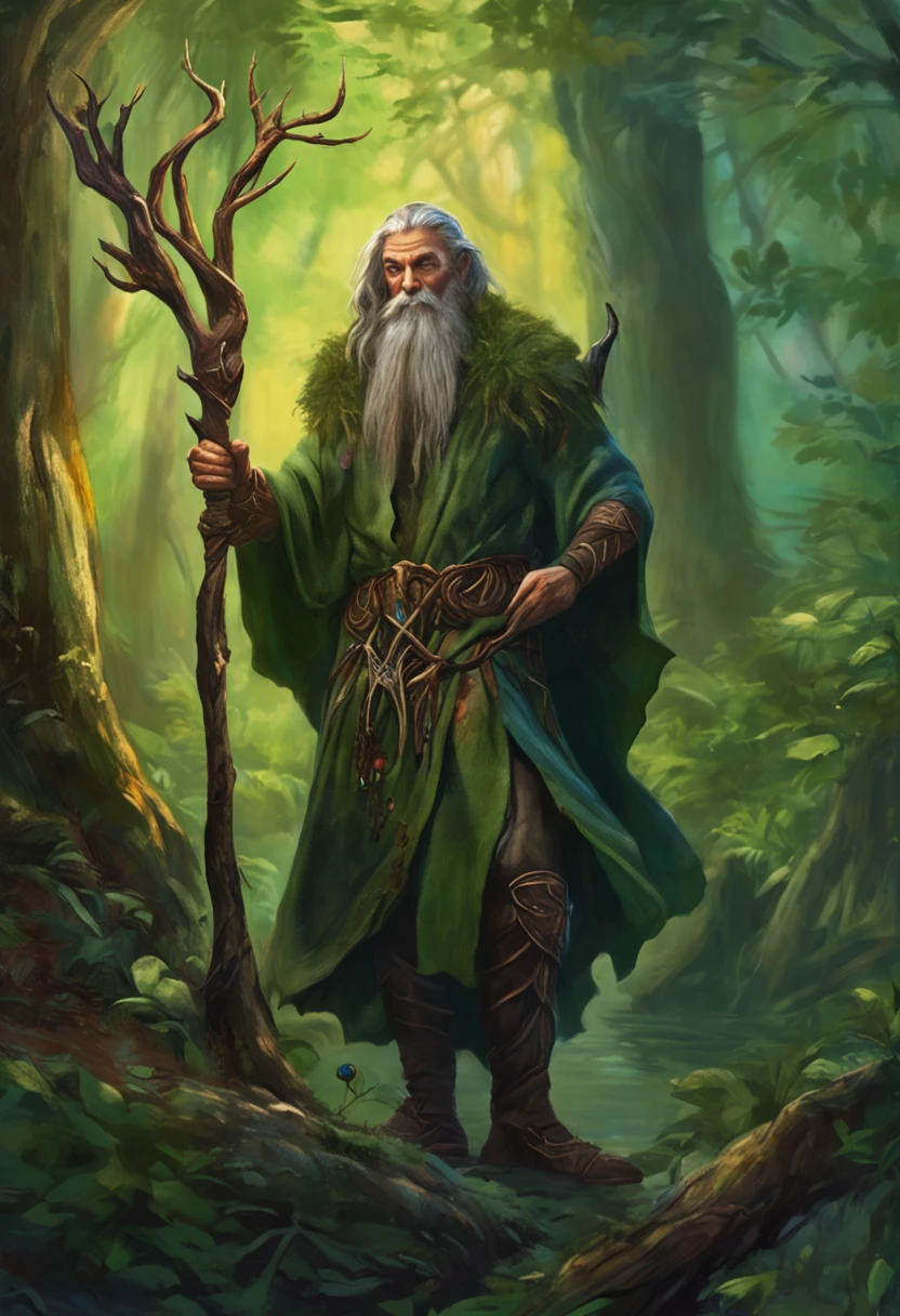 a painting of a man in a forest holding a staff, portrait of a forest mage, a druid, of an evil tree wizard, elven male, fantasy mage, spell casting wizard, nature druid, elven, druid, world of warcraft elven druid, archmage, mage, male elf ranger, greatest elven warrior, tree druid, epic elven warrior