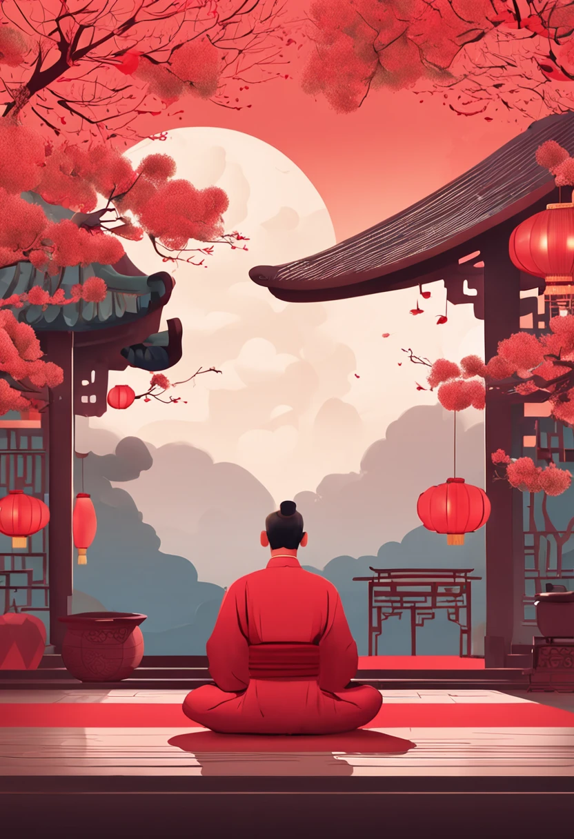 A thin middle-aged man in Chinese clothing, Wearing a straw hat,, Dressed in red Mid-Autumn Festival costumes, by Pixar, Sit on the ground and meditate,Stretch forward, Feel the light, Detail optimization, Red background raised