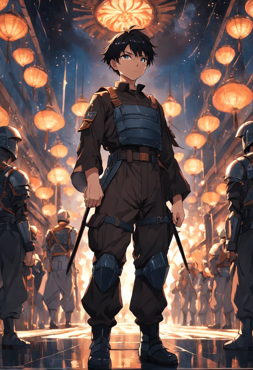 a guard wearing black overalls and brown shirt with armor on