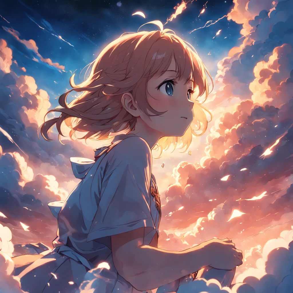 masterpiece, best quality, movie still, 1girl, cloud girl, floating in the sky, close-up, bright, happy, warm soft lighting, sunset, (sparks:0.7)