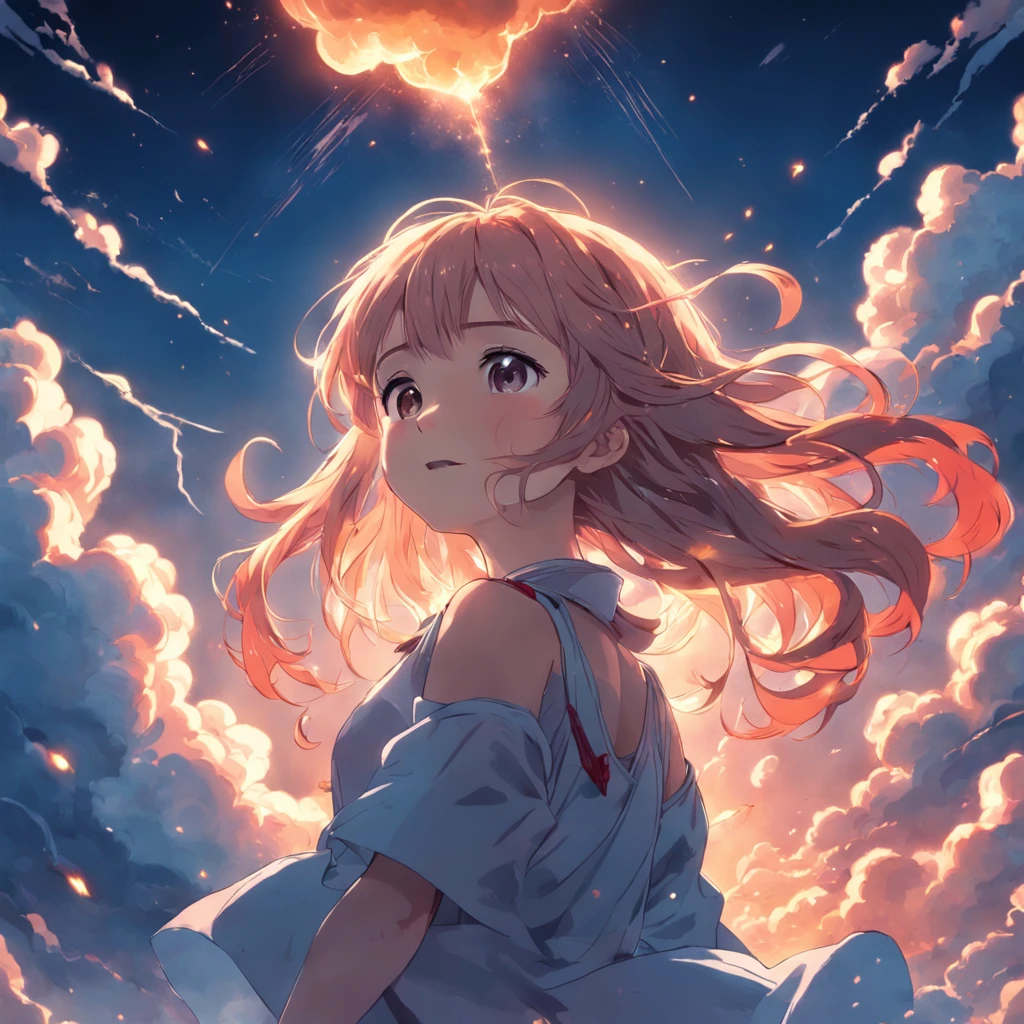 masterpiece, best quality, movie still, 1girl, cloud girl, floating in the sky, close-up, bright, happy, warm soft lighting, sunset, (sparks:0.7)