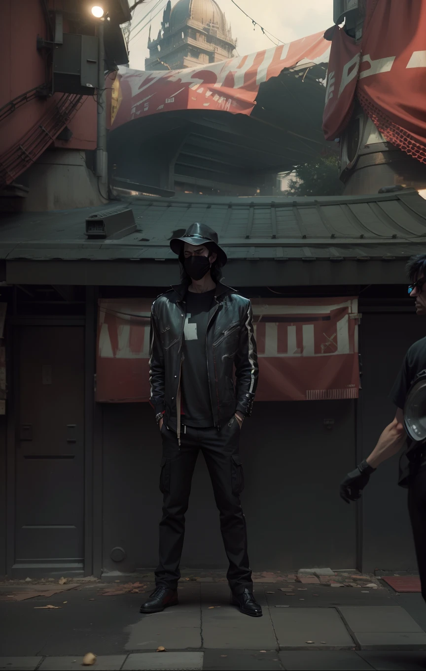 Street cinematic background, villain looks with real Face