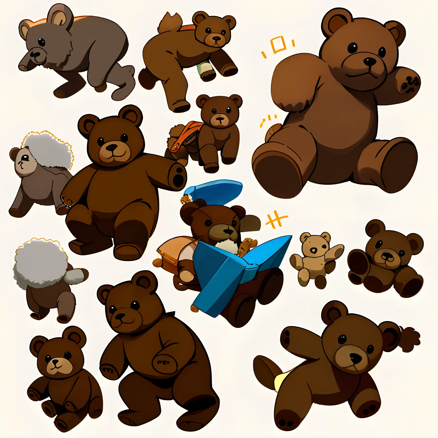 Adventurous teddy bear, Various poses and expressions on white background, Simple, Children's book illustration style fluffy, -yeld gi colours, Short brown fur, Solid color, without book, Without glasses, without backpack