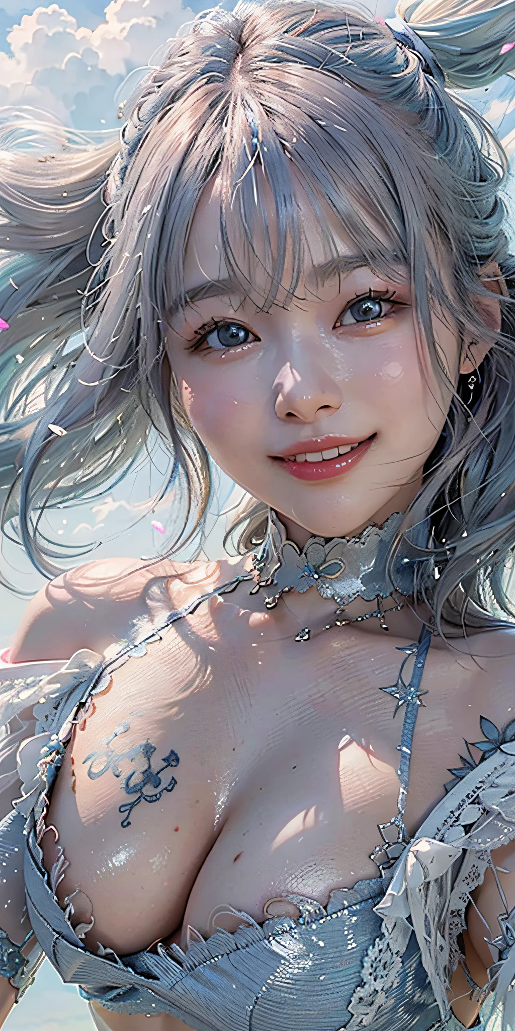 Photorealistic, High resolution, Soft light,1womanl, Solo, (hips up high), glistning skin, (Detailed face),The tattoo, Jewelry, (shiny gray hair,Half blue and half pink hair:1.2), white_White lace knitting costume, (Laughing with white teeth),(Dynamic Angle:1.1),Vivid,Soft and warm color palette, Delicate brushwork, Stimulating use of light and shadow, Wide Shot,High contrast,(Angel on the Clouds)