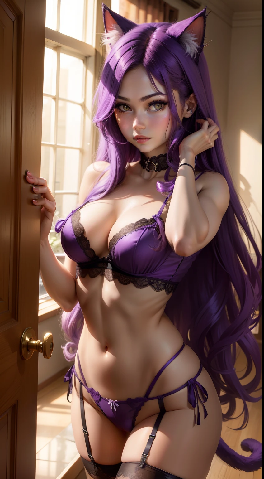 Cat girl with long purple hair in lingerie