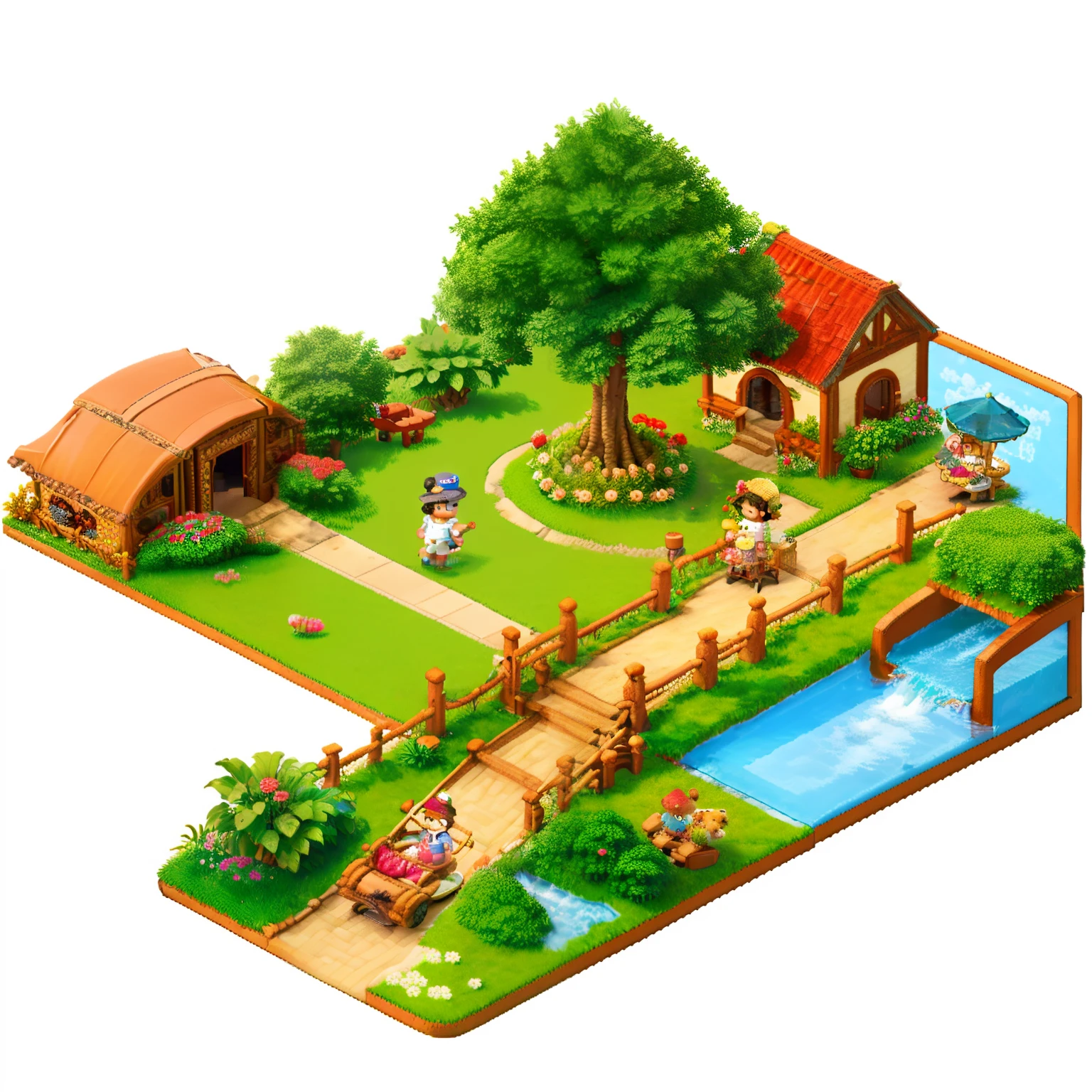 pixel game，（Pixel art：1.4），Q version《*********** with teddy bear》，Straw Hat Hat，basket，Floral dress，Little red leather shoes，The tree，small bridge flowing water，small boats，Flowers and plants，（Future Tech Lodge：1.4），Cogumelos，isometry