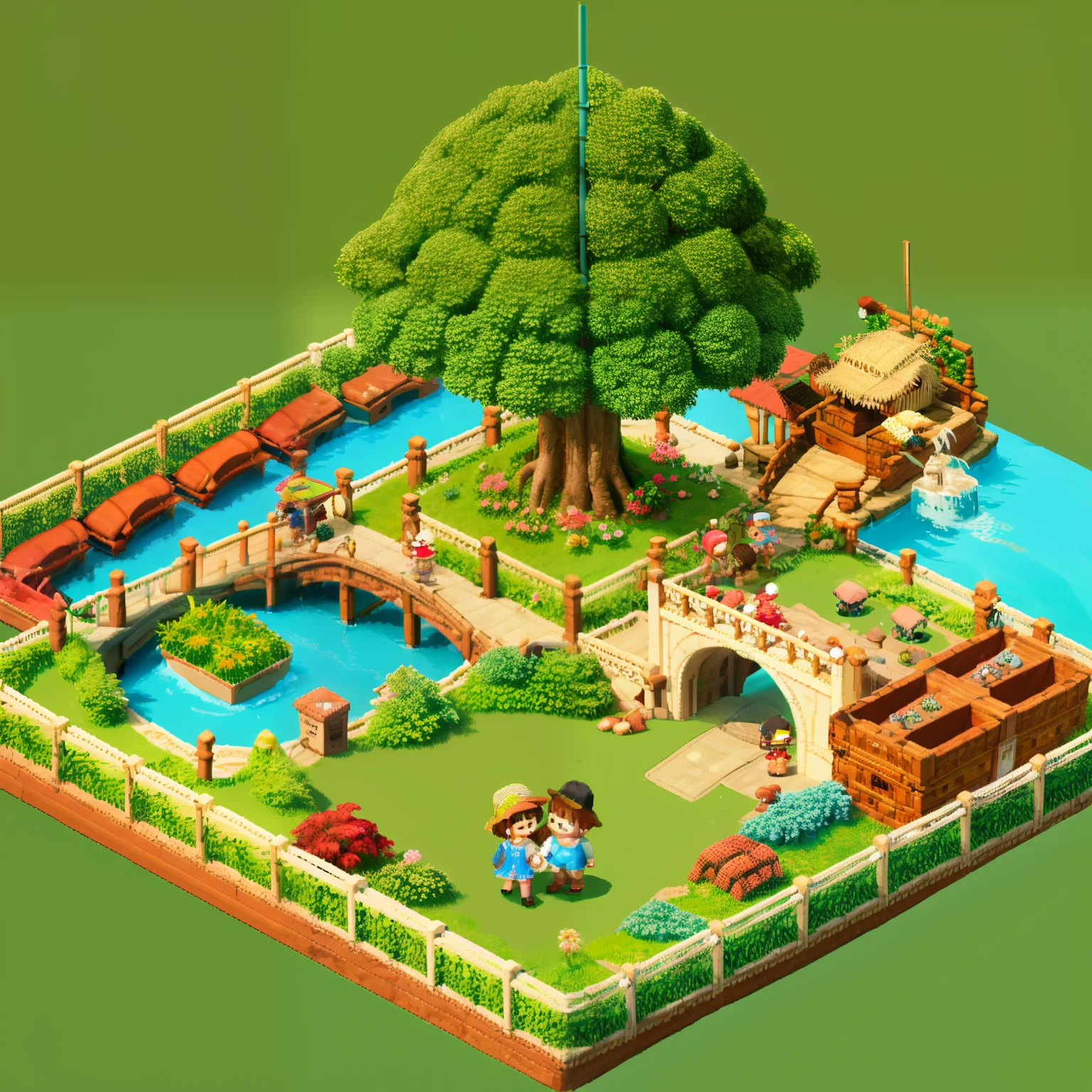 pixel game，（Pixel art：1.4），Q version《 girl with teddy bear》，Straw Hat Hat，basket，Floral dress，Little red leather shoes，The tree，small bridge flowing water，small boats，Flowers and plants，（Future Tech Lodge：1.4），Cogumelos，isometry