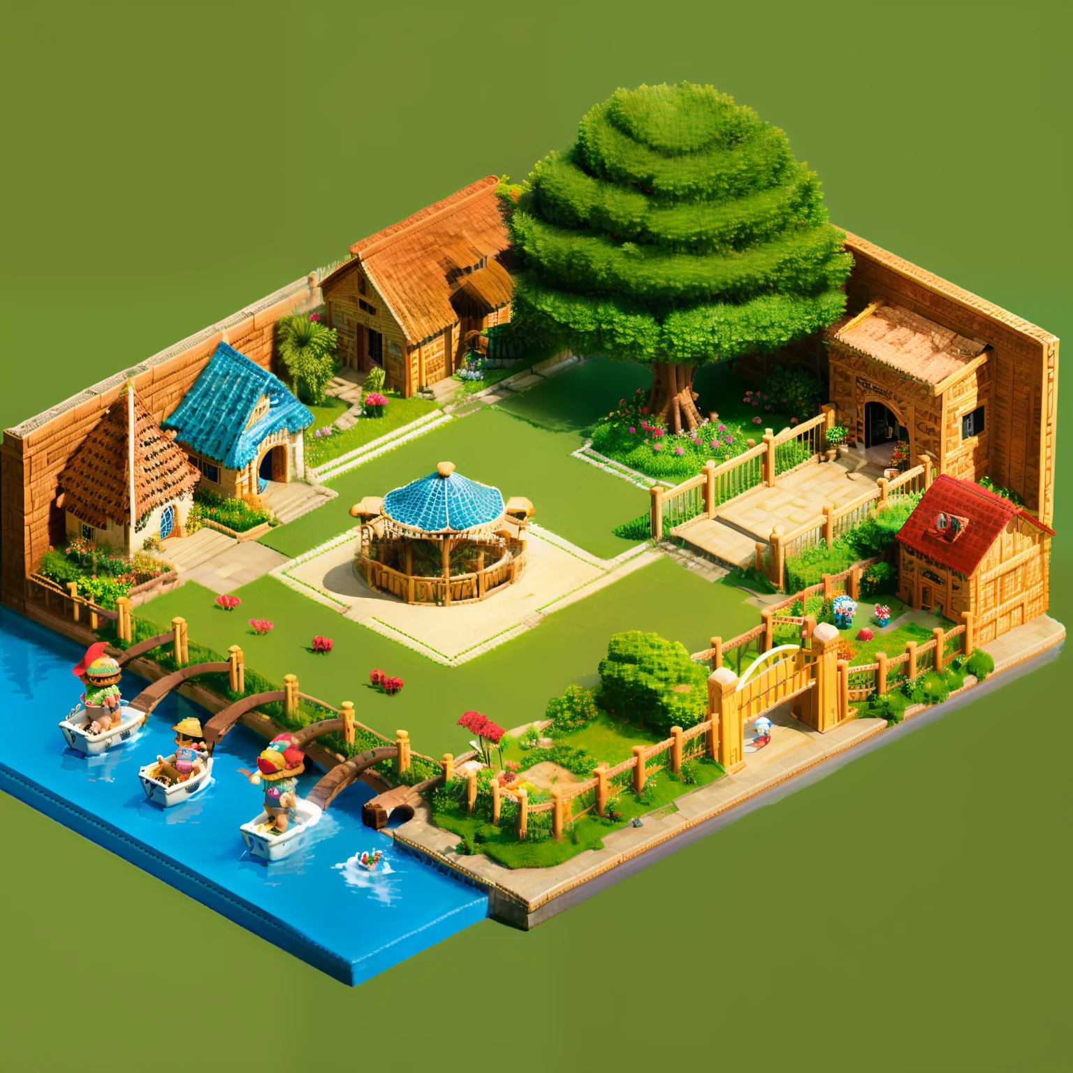 pixel game，（Pixel art：1.4），Q version《*********** with teddy bear》，Straw Hat Hat，basket，Floral dress，Little red leather shoes，The tree，small bridge flowing water，small boats，Flowers and plants，（Future Tech Lodge：1.4），Cogumelos，isometry