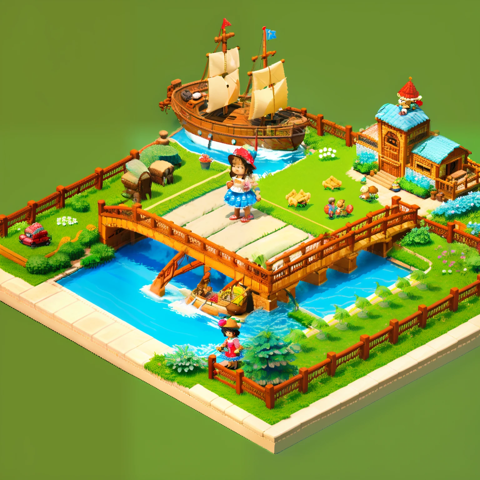 pixel game,(Pixel art:1.4),Q version《 girl with teddy bear》,Straw Hat Hat,basket,Floral dress,Little red leather shoes,The tree,small bridge flowing water,small boats,Flowers and plants,(Future Tech Lodge:1.4),Cogumelos,isometry