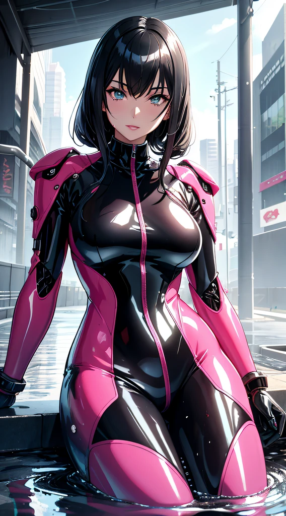 Arafard woman in a wetsuit sitting in a puddle, glossy wet skin!!, Wet shiny skin, Made of liquid metal, broken beautiful female android!, beautiful female android!, perfect android girl, seductive anime girls, Biomechanical OPPAI, an oppai cyberpunk, Drenched Body, Pink body, Latex skin, Girl vs, Wet look