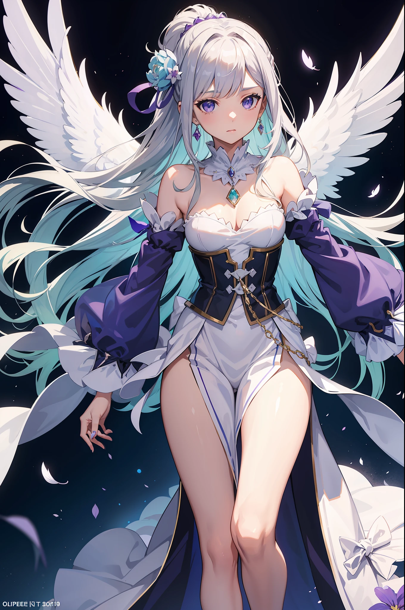 Emilia Re:Zero kara Hajimeru Isekai Seikatsu, purple and white color armor, gem accesory, veil, high pony tail hair style, slashing and feather effect, garden background, perfect body shape, small breast, holy and forzen aura, detailed skin, silver necklace, diamond ring, masterpieces, silver and light purple pupil, heavy make up, best quality anime 4k wallpaper quality, figure like model, extreme eye detail, angel wings, flower earring, belt, cape, collar