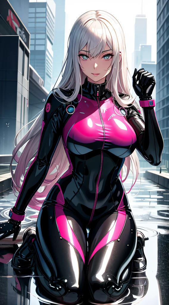 (((anime))), ((animated)), (GAL:1.3), medium hair, (braid hair:1.3), (blunt bangs:1.2),two-tone hair, blonde hair, (pink hair), round face, red eyes, (drooping eyes), (((tareme))),Pink Lip,piercing,necklace,[black skin],(wet skin),(smile),shy,blush, ((((cute)))), beautiful, 1 girl, solo,(sport uniform:1.3),(spread legs:1.5),beautiful background,(sports hall:1.5),((morning)),sunlight,backlighting,masterpiece,best quality,exquisite,8k,absurdres,super fine illustration,(looking at viewer),