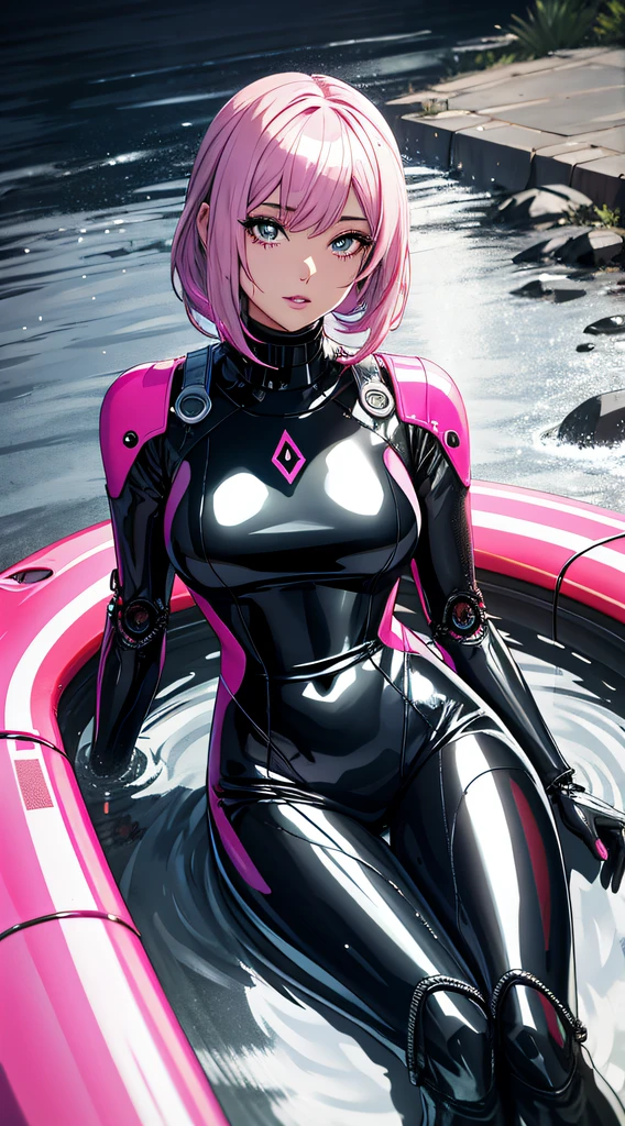 Alafed woman in pink wetsuit sitting in puddle, glossy wet skin!!, wet shiny skin, liquidmetal, Beautiful Female Android!, perfect android girl, Seductive Anime Girl, biomechanical oppai, an oppai cyberpunk, Drenched body, Latex skin, Wet look
