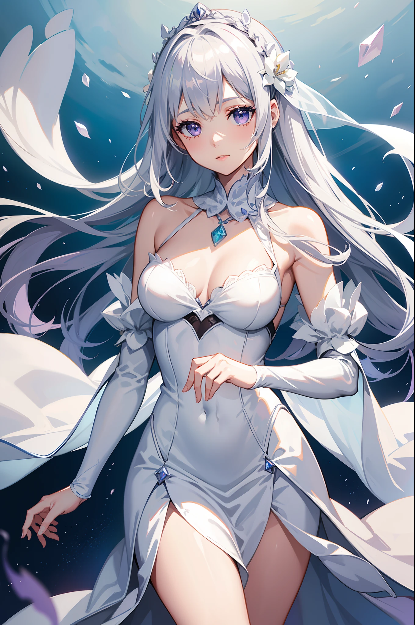 Emilia Re:Zero kara Hajimeru Isekai Seikatsu, gorgeous white and purple wedding dress, holding a bunch of flower, silk accesory, veil, grace hair style, flower flying, garden background, perfect body shape, small breast, holy and forzen aura, detailed skin, silver necklace, diamond ring, masterpieces, silver and light purple pupil, heavy make up, best quality anime 16k wallpaper quality