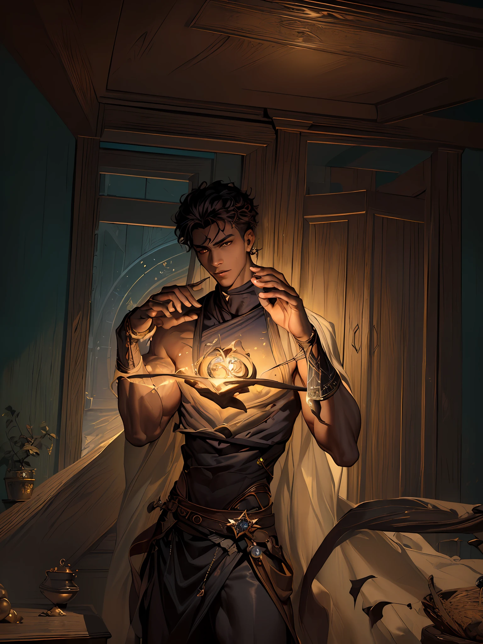 (masterpiece, best quality:1.4),(absurdres, highres, ultra detailed:1.2), (1 handsome caramel skin young man:1.4),(using dark magic between his hands:1.4),water magic,playful illustrations, imaginative overlays, artistic fusion,fantastical scenes, evocative narratives, striking visuals, upper body, brown skin, curly black hair,