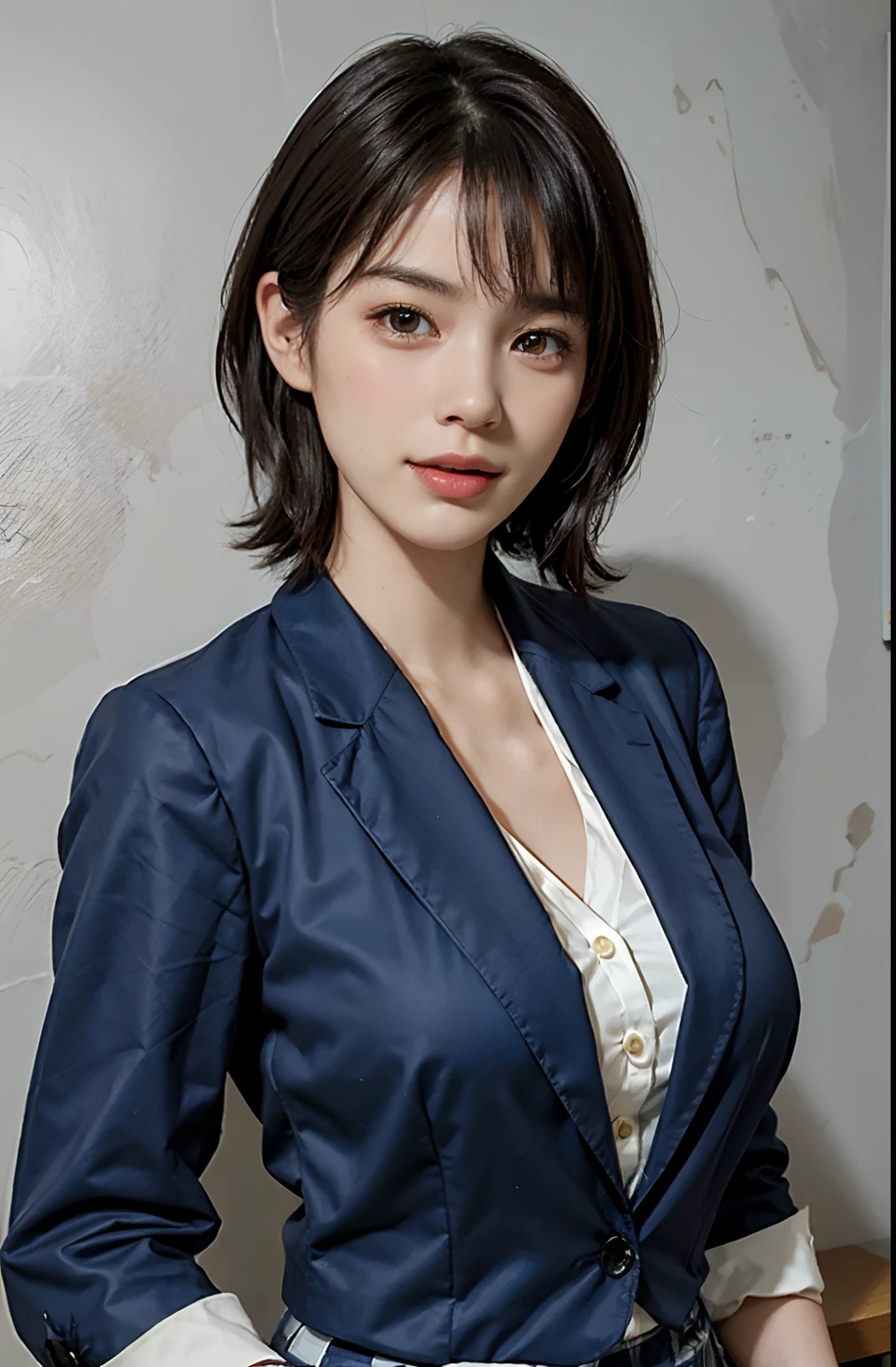 (A hyper-realistic), (illustratio), (hight resolution), (8K), (ighly detailed), (The best illustrations), (beatiful detailed eyes), (top-quality), (ultra-detailliert), (masterpiece), (wall-paper), (detailed face), droopy eyes,full of sweat, full body, long legs,Armpit,short-hair,inner colored,solo, big breast, cleavage, japanes, Colossal tits、A smile, wearing blue blazer, short skirt, office uniform, office